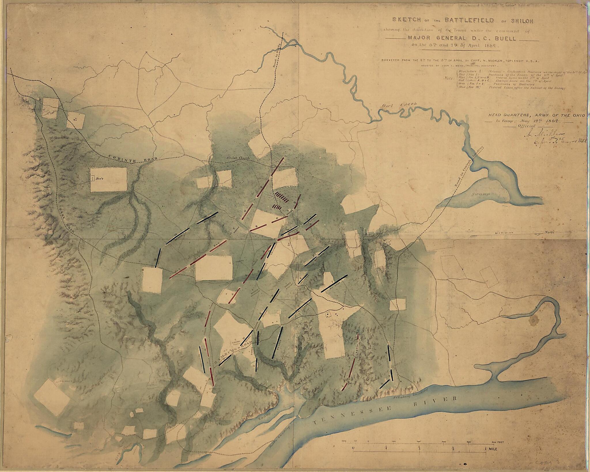 This old map of Sketch of the Battlefield of Shiloh : Showing the Disposition of the Troops Under the Command of Major General D.C. Buell, On the 6th and 7th of April, from 1862 was created by Don Carlos Buell, N. (Nathaniel) Michler, John E. Weiss in 18