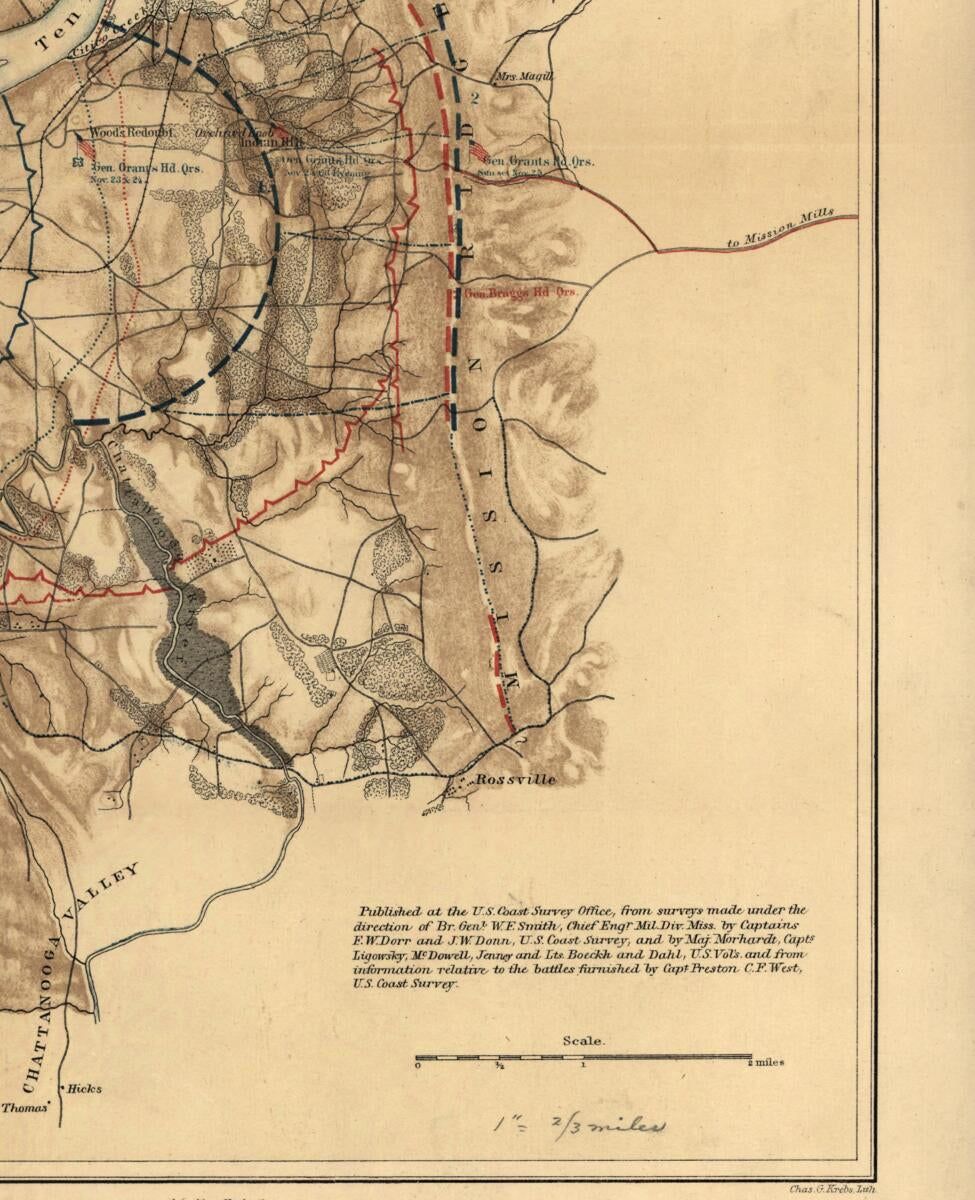 This old map of Battlefield of Chattanooga With the Operations of the National Forces Under the Command of Maj. Gen. U.S. Grant During the Battles of Nov. 23, 24, & 25, from 1863 was created by William F. Smith in 1863