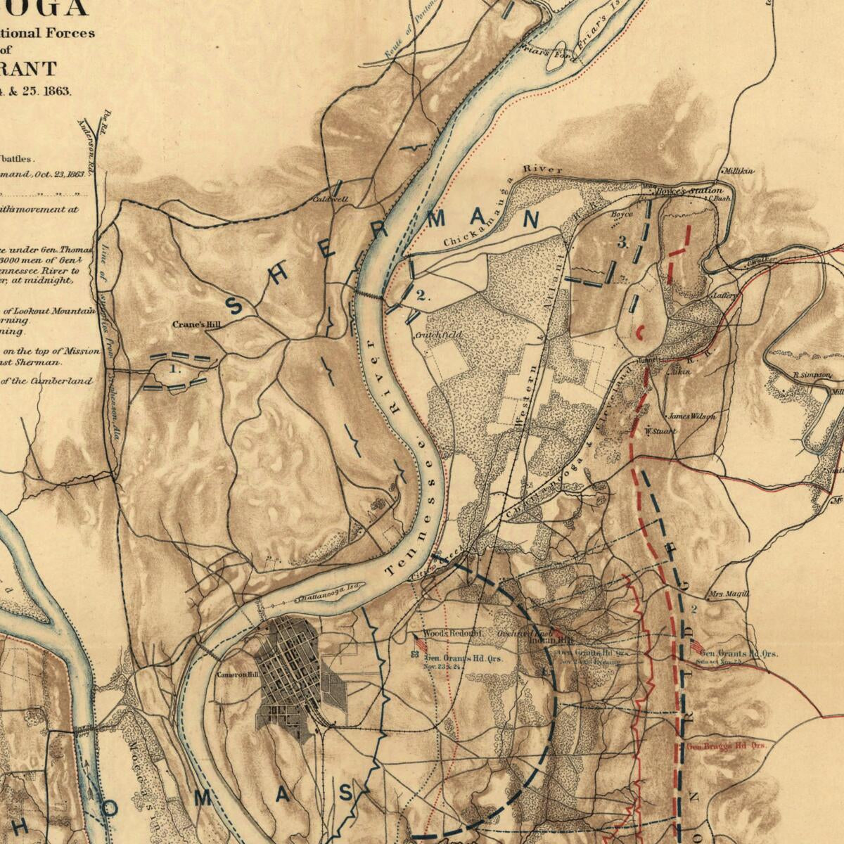 This old map of Battlefield of Chattanooga With the Operations of the National Forces Under the Command of Maj. Gen. U.S. Grant During the Battles of Nov. 23, 24, & 25, from 1863 was created by William F. Smith in 1863