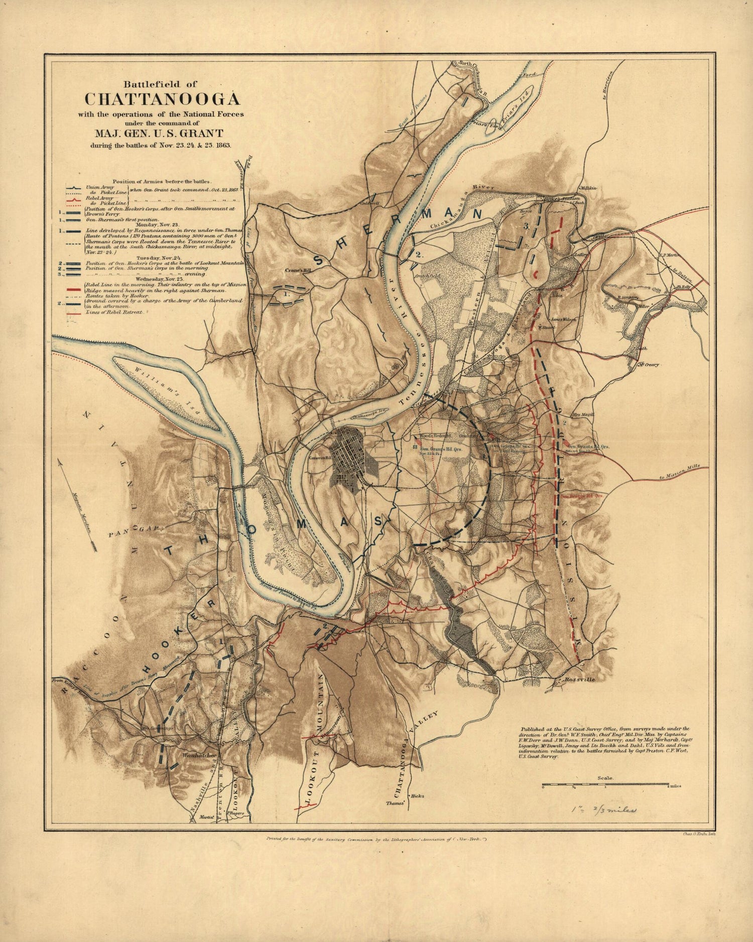 This old map of Battlefield of Chattanooga With the Operations of the National Forces Under the Command of Maj. Gen. U.S. Grant During the Battles of Nov. 23, 24, & 25, from 1863 was created by William F. Smith in 1863