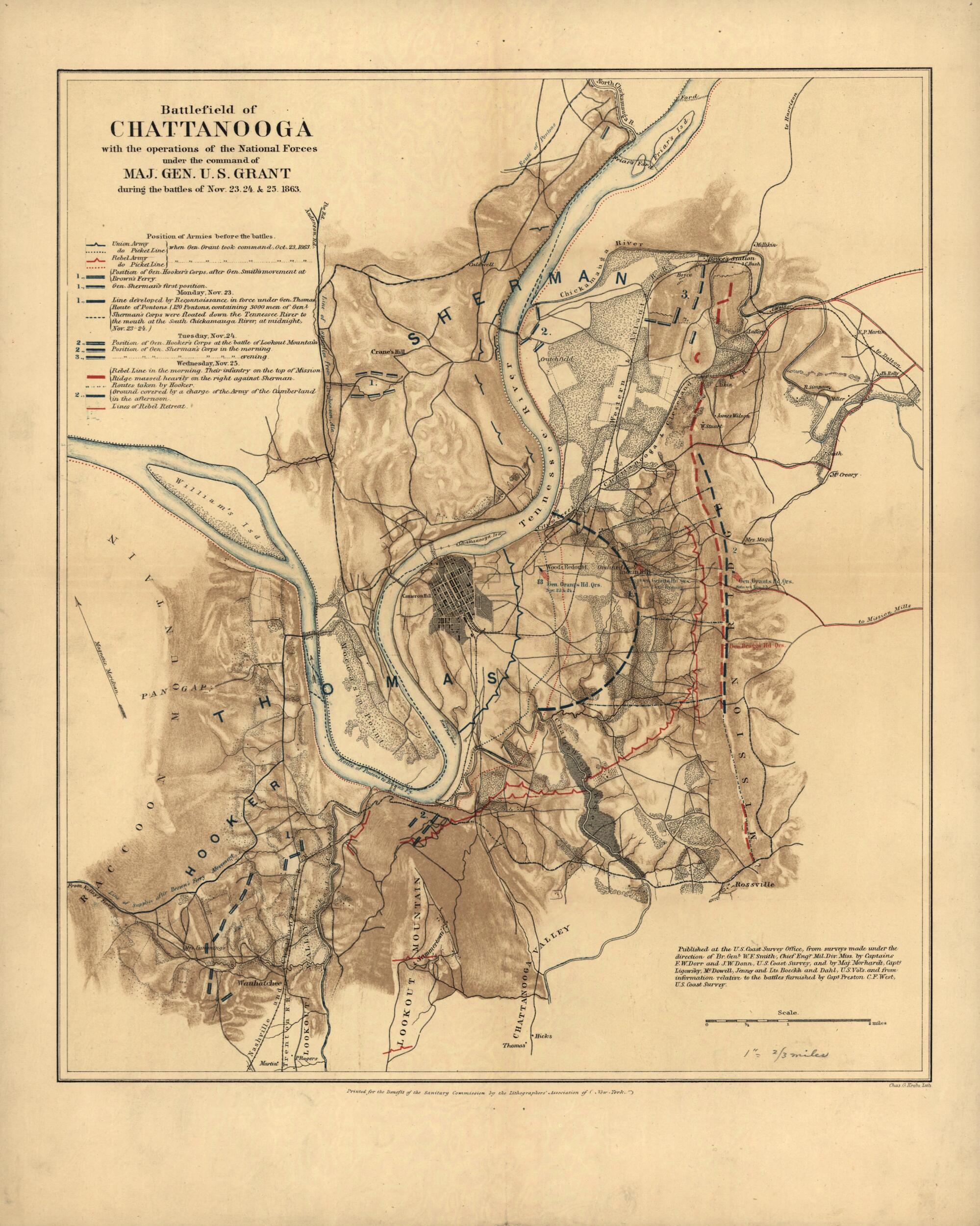 This old map of Battlefield of Chattanooga With the Operations of the National Forces Under the Command of Maj. Gen. U.S. Grant During the Battles of Nov. 23, 24, & 25, from 1863 was created by William F. Smith in 1863