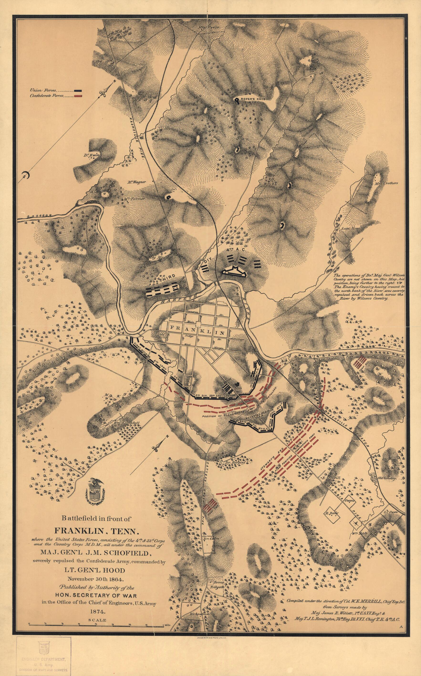 This old map of Battlefield In Front of Franklin, Tennessee Where the United States Forces, Consisting of the 4th. & 23d. Corps and the Cavalry Corps M.D.M., All Under the Command of Maj. Gen&