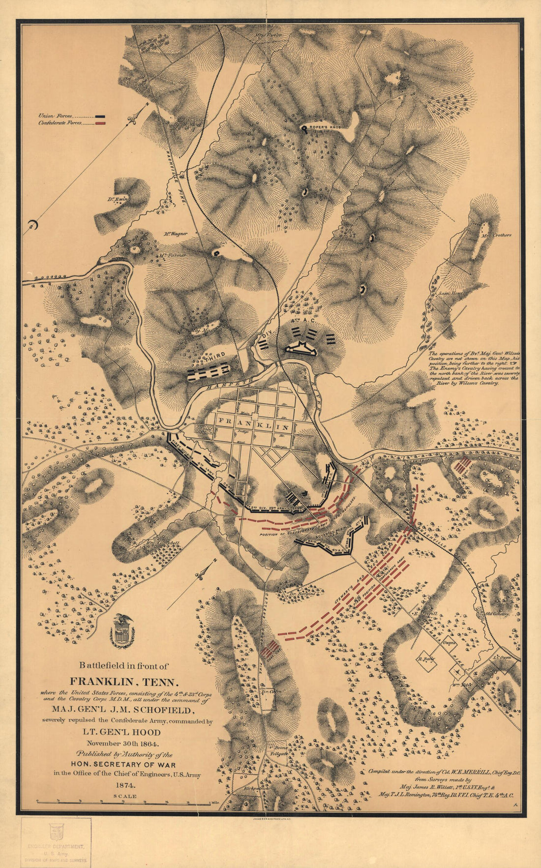 This old map of Battlefield In Front of Franklin, Tennessee Where the United States Forces, Consisting of the 4th. & 23d. Corps and the Cavalry Corps M.D.M., All Under the Command of Maj. Gen&
