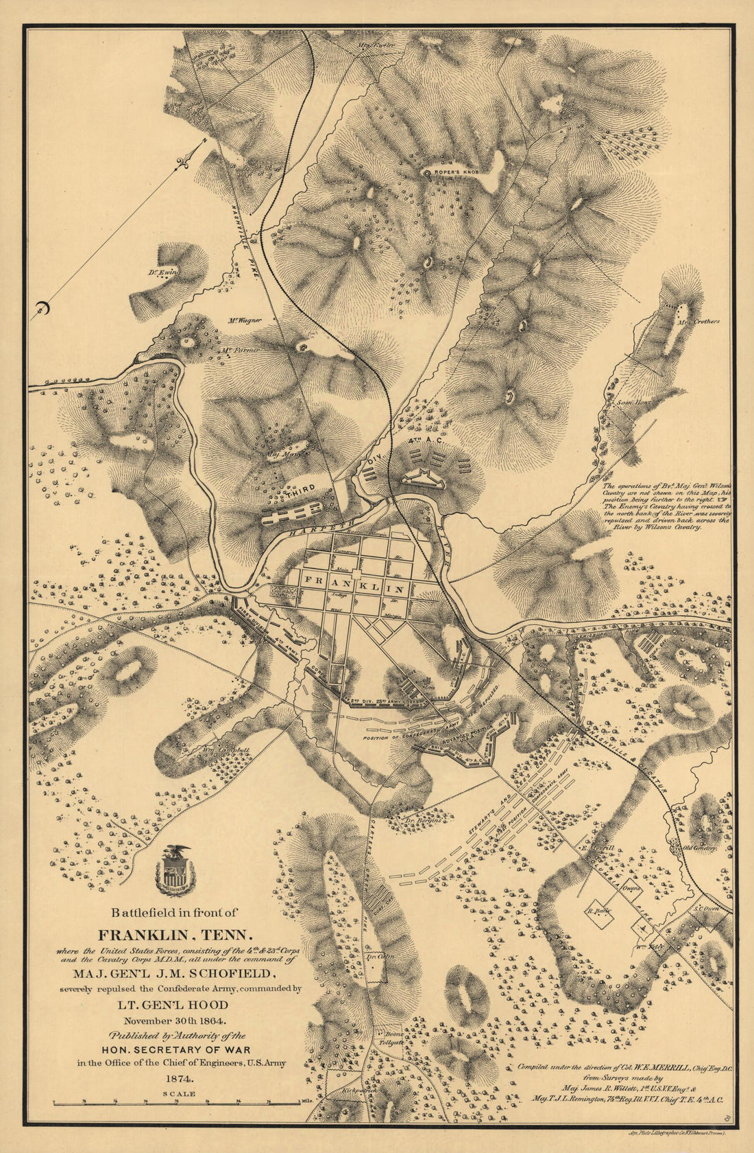 This old map of Battlefield In Front of Franklin, Tennessee Where the United States Forces, Consisting of the 4th. & 23d. Corps and the Cavalry Corps M.D.M., All Under the Command of Maj. Gen&