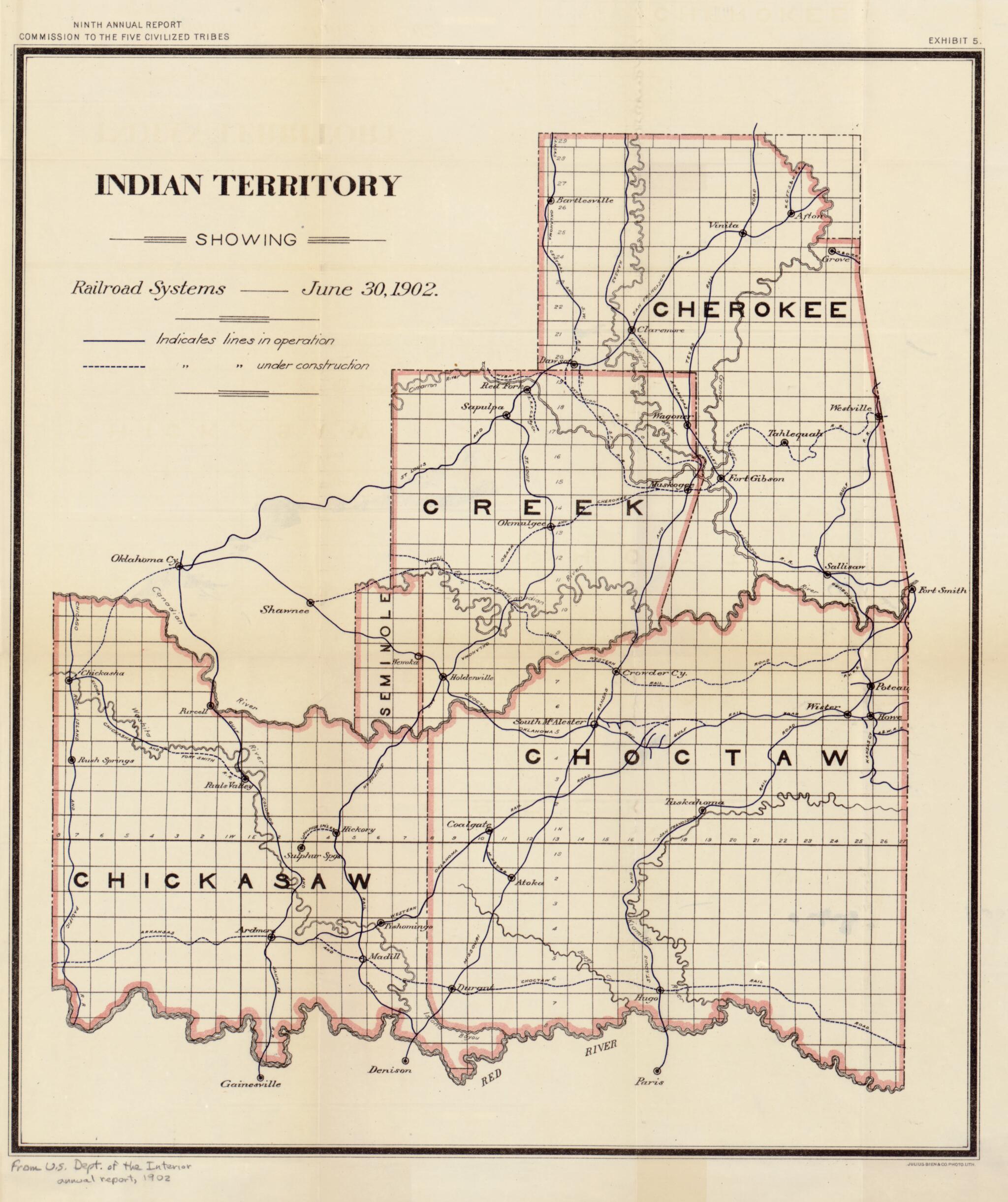 This old map of Indian Territory Showing Railroad Systems, June 30, from 1902 was created by United States. Commission to the Five Civilized Tribes, United States. Department of the Interior in 1902