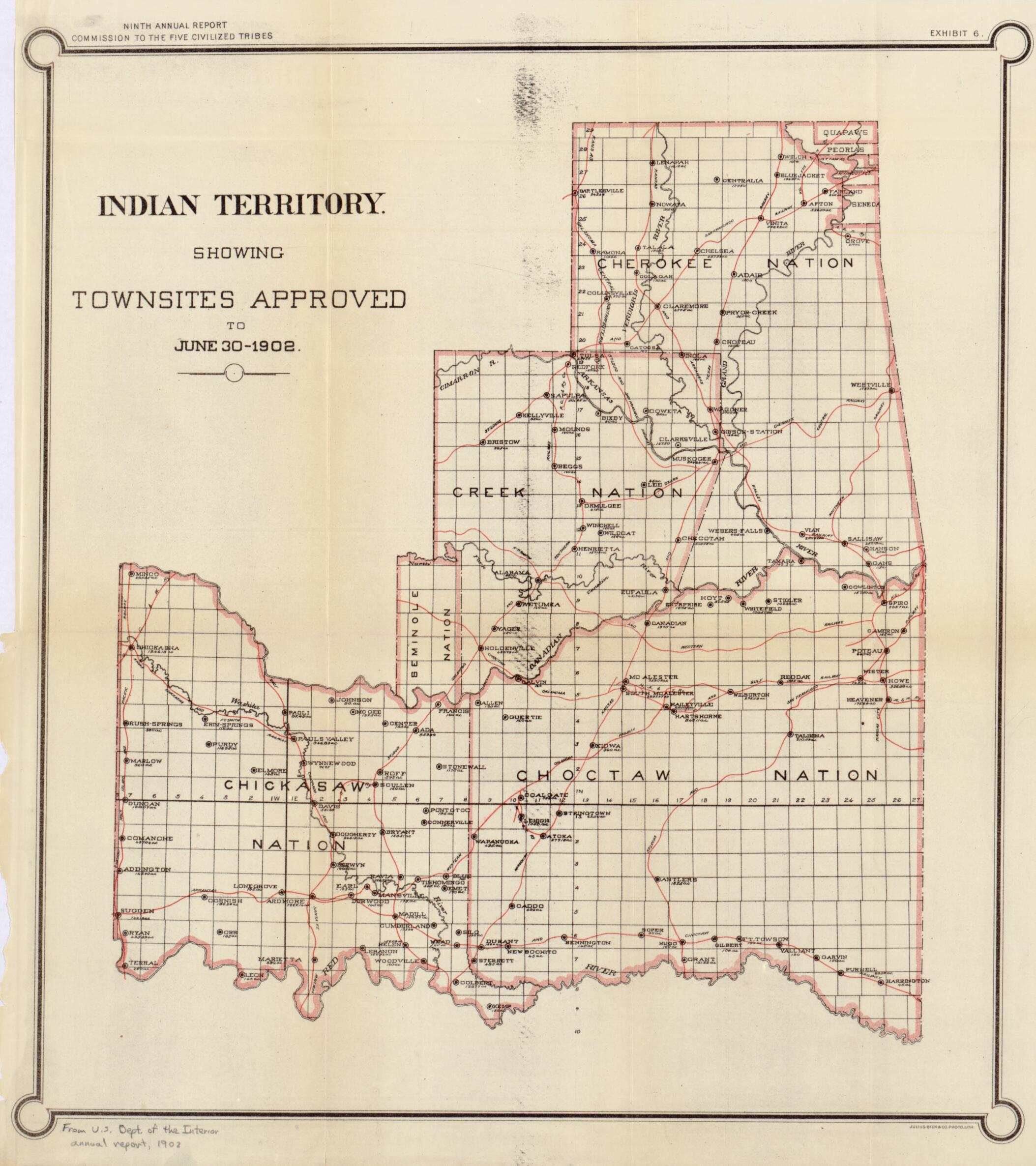 This old map of Indian Territory Showing Townsites Approved to June 30, from 1902 was created by United States. Commission to the Five Civilized Tribes, United States. Department of the Interior in 1902