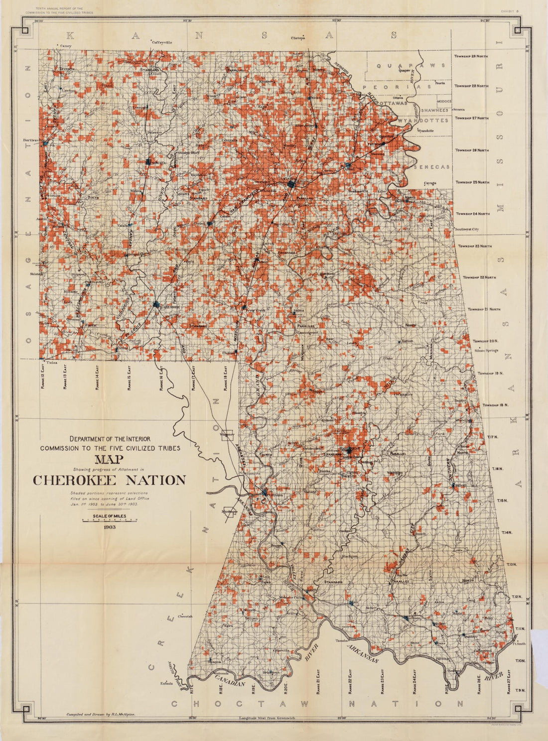 This old map of Map Showing Progress of Allotment In Cherokee Nation from 1903 was created by R. L. McAlpine, United States. Commission to the Five Civilized Tribes in 1903