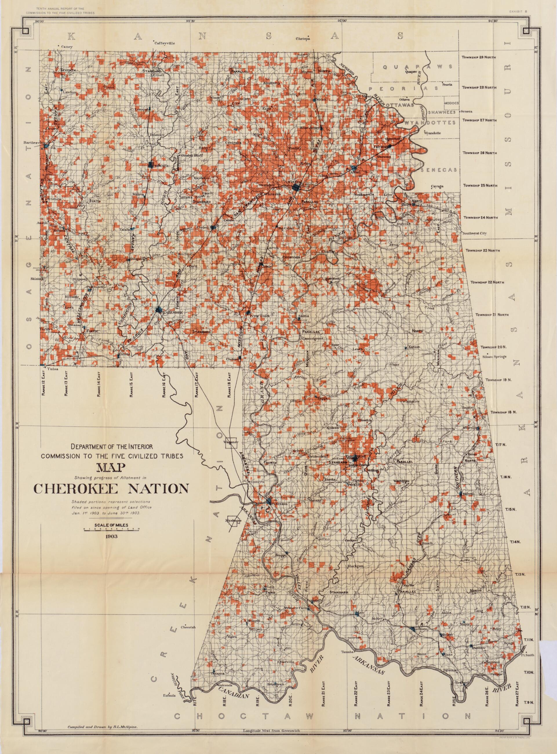 This old map of Map Showing Progress of Allotment In Cherokee Nation from 1903 was created by R. L. McAlpine, United States. Commission to the Five Civilized Tribes in 1903
