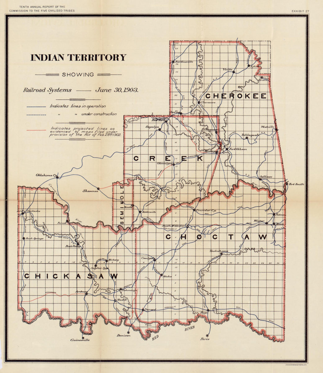 This old map of Indian Territory Showing Railroad Systems, June 30, from 1903 was created by United States. Commission to the Five Civilized Tribes in 1903