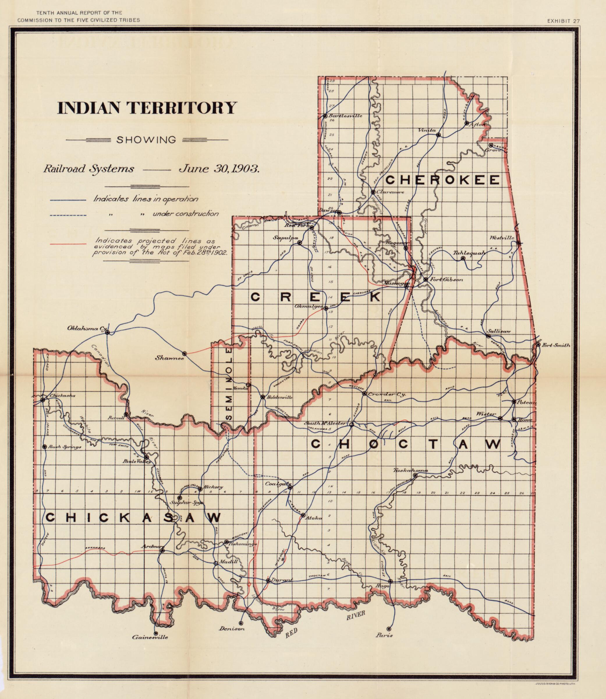 This old map of Indian Territory Showing Railroad Systems, June 30, from 1903 was created by United States. Commission to the Five Civilized Tribes in 1903