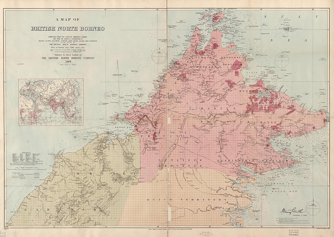 This old map of A Map of British North Borneo from 1899 was created by British North Borneo Chartered Company, Edward Stanford Ltd in 1899