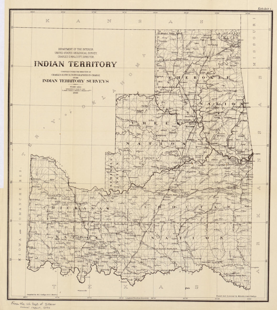 This old map of Indian Territory : Compiled Under the Supervision of Charles H. Fitch, Topographer In Charge of the Indian Territory Surveys from 1898 was created by M. L. (Malcolm Lloyd) Cudlipp, François Matthes, United States. Department of the Inte