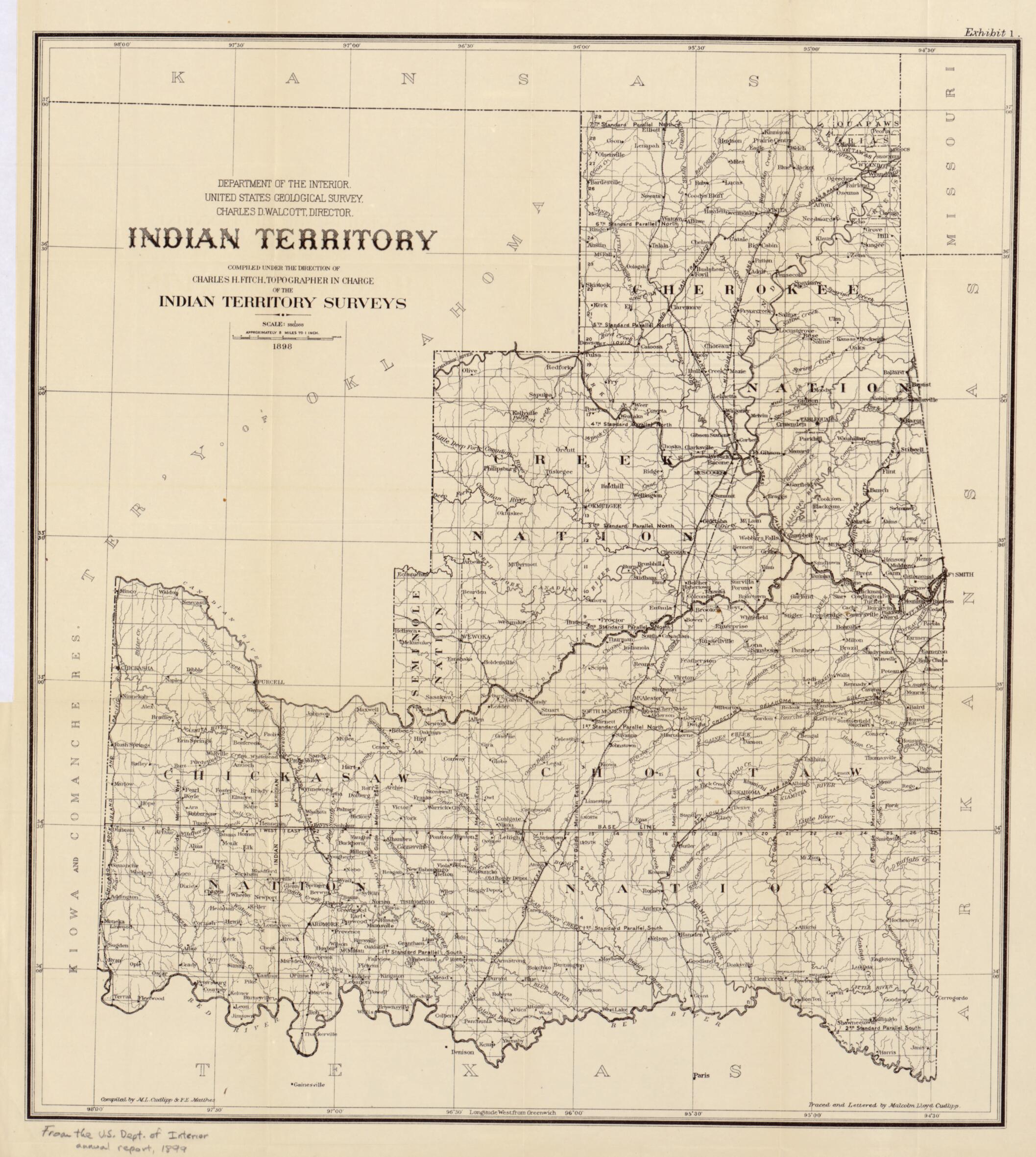 This old map of Indian Territory : Compiled Under the Supervision of Charles H. Fitch, Topographer In Charge of the Indian Territory Surveys from 1898 was created by M. L. (Malcolm Lloyd) Cudlipp, François Matthes, United States. Department of the Inte