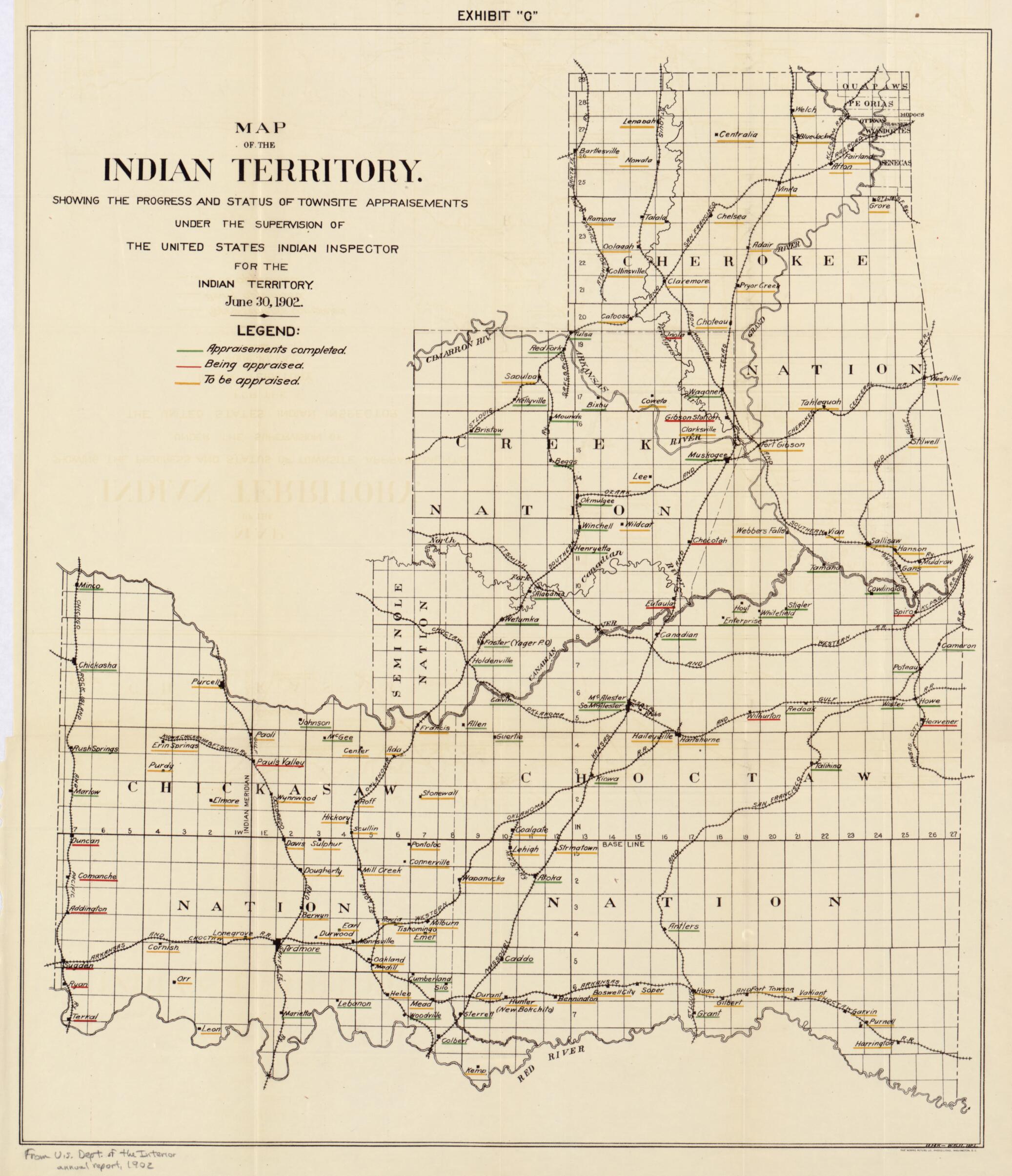 This old map of Map of the Indian Territory : Showing the Progress and Status of Townsite Appraisements, Under the Supervision of the United States Indian Inspector for the Indian Territory, June 30, from 1902 was created by United States. Department of