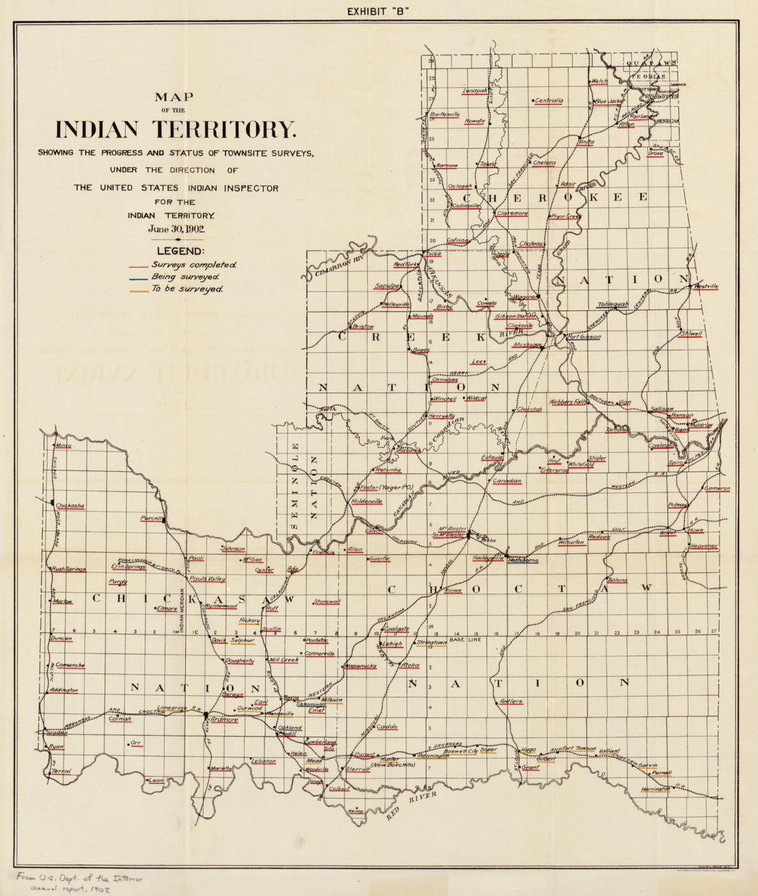 This old map of Map of the Indian Territory : Showing the Progress and Status of Townsite Surveys, Under the Direction of the United States Indian Inspector for the Indian Territory, June 30, from 1902 was created by United States. Department of the Int