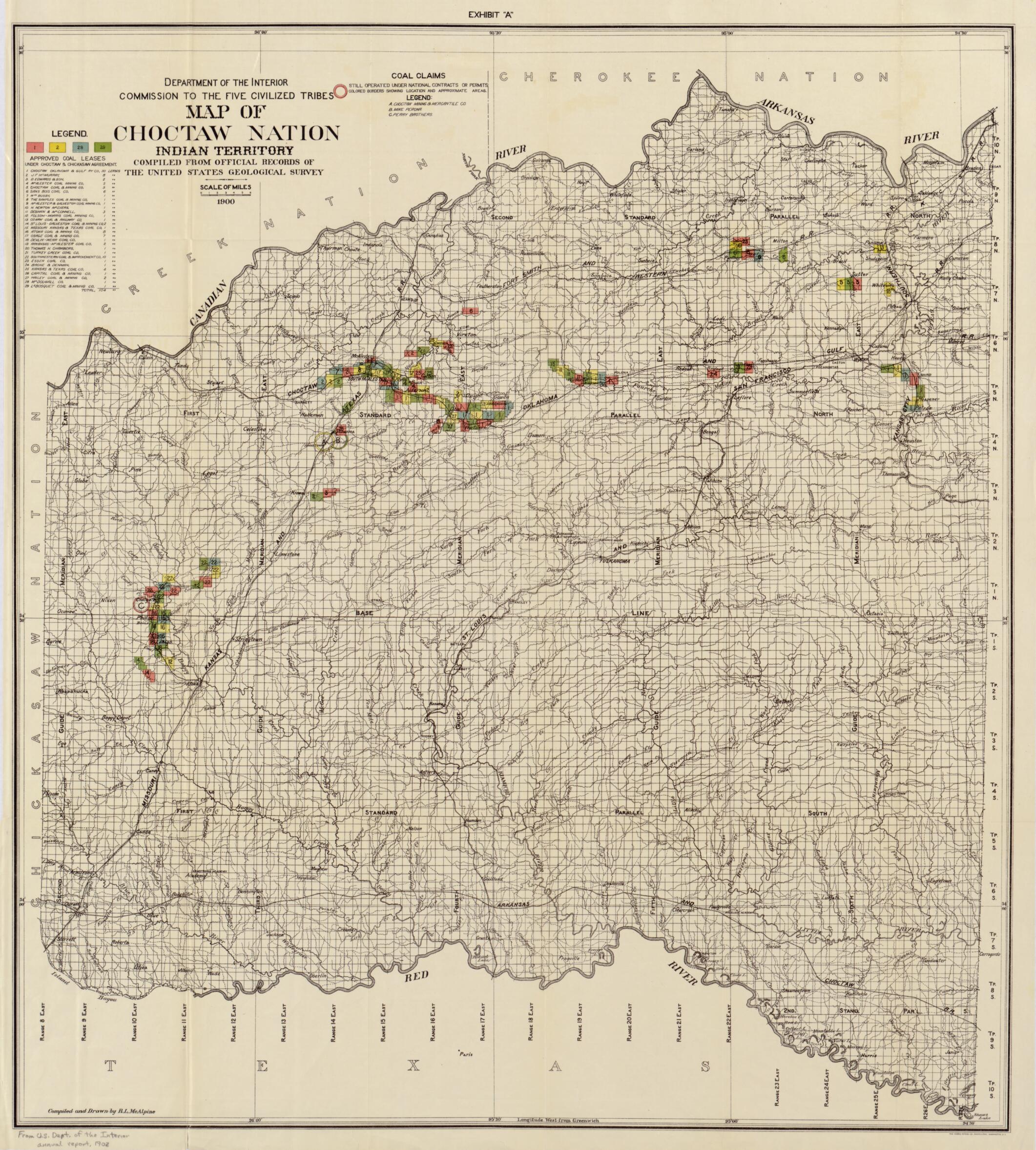 This old map of Map of Choctaw Nation, Indian Territory : Compiled from Official Records of the United States Geological Survey from 1900 was created by R. L. McAlpine, United States. Department of the Interior in 1900