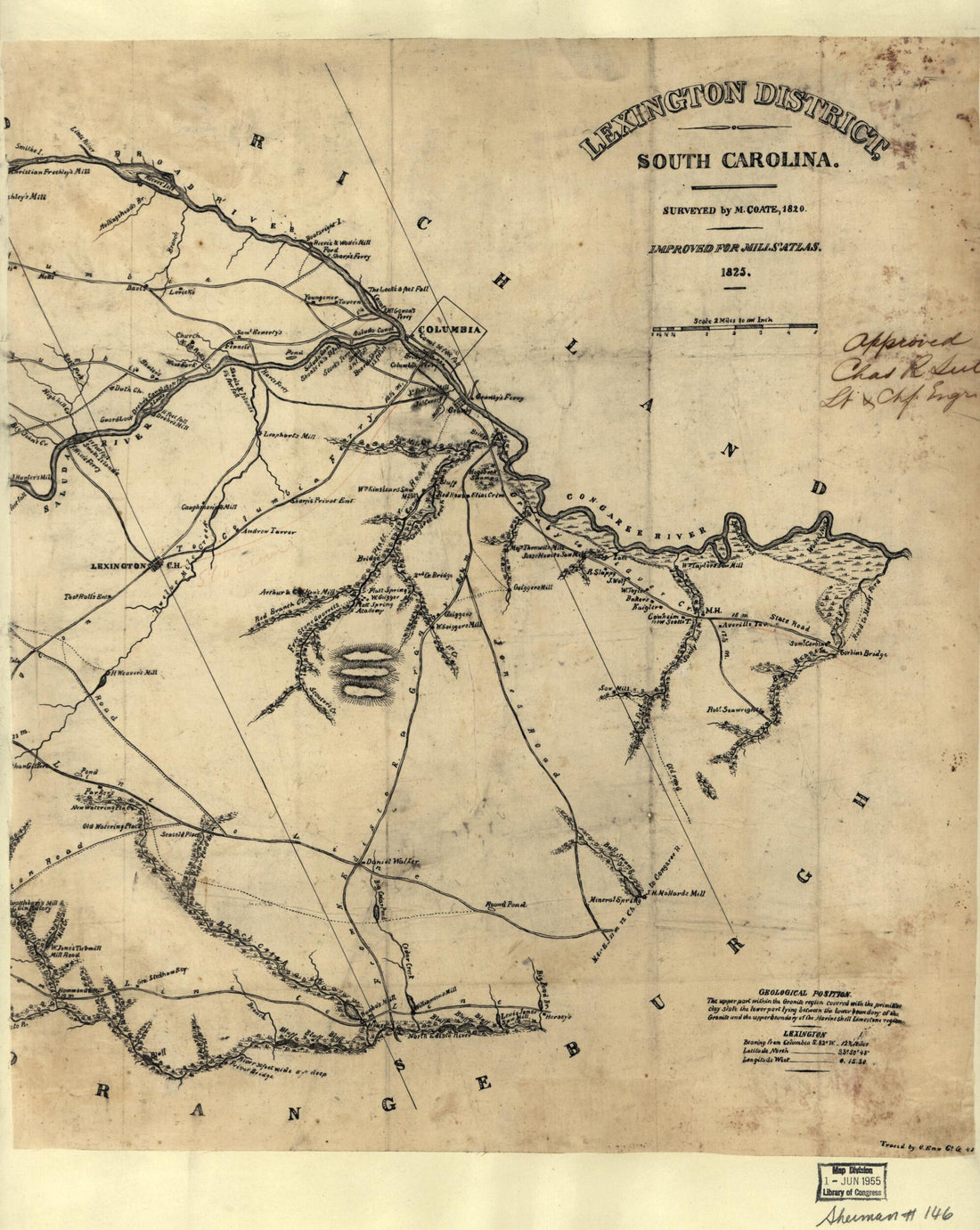 This old map of Lexington District, South Carolina from 1825 was created by Marmaduke Coates, Robert Mills in 1825