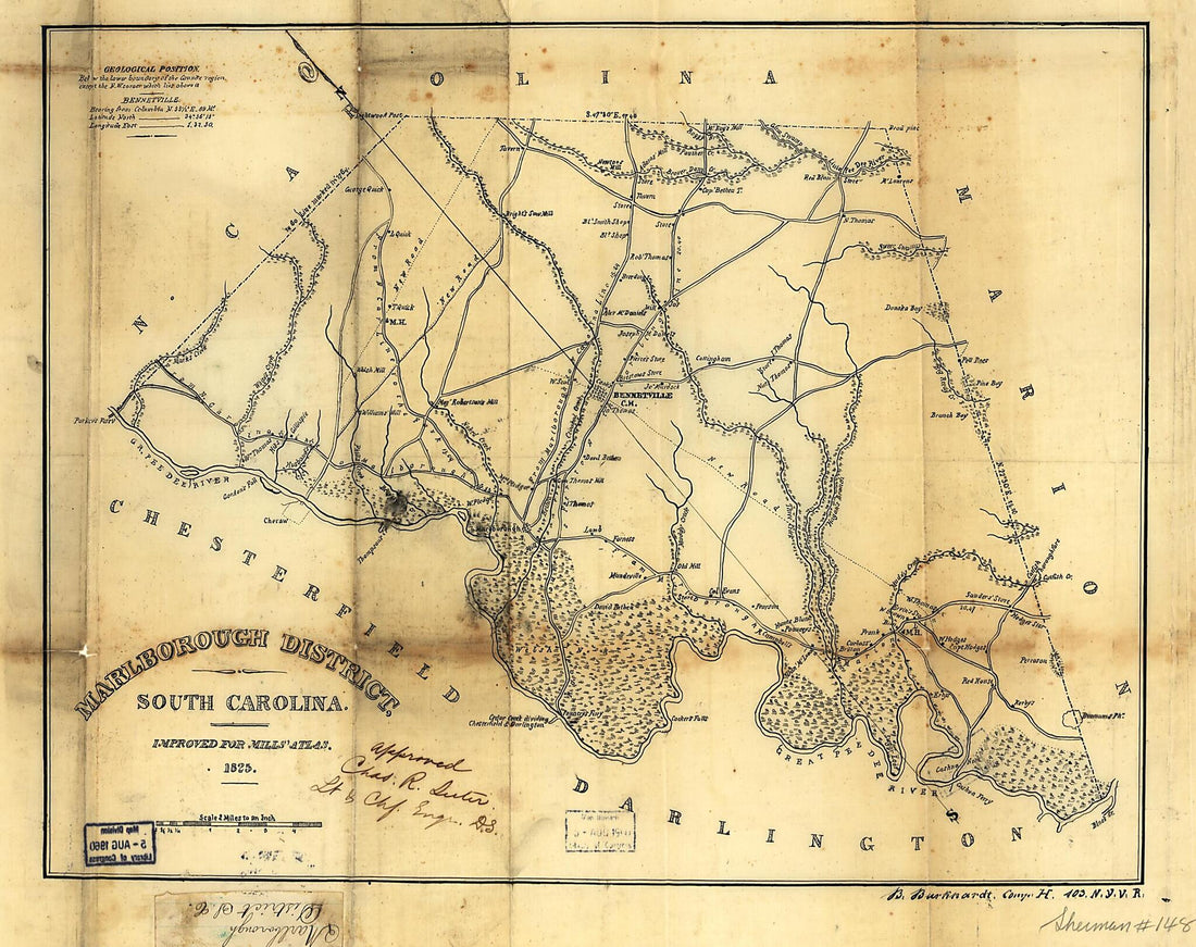 This old map of Marlborough District, South Carolina from 1825 was created by Robert Mills in 1825
