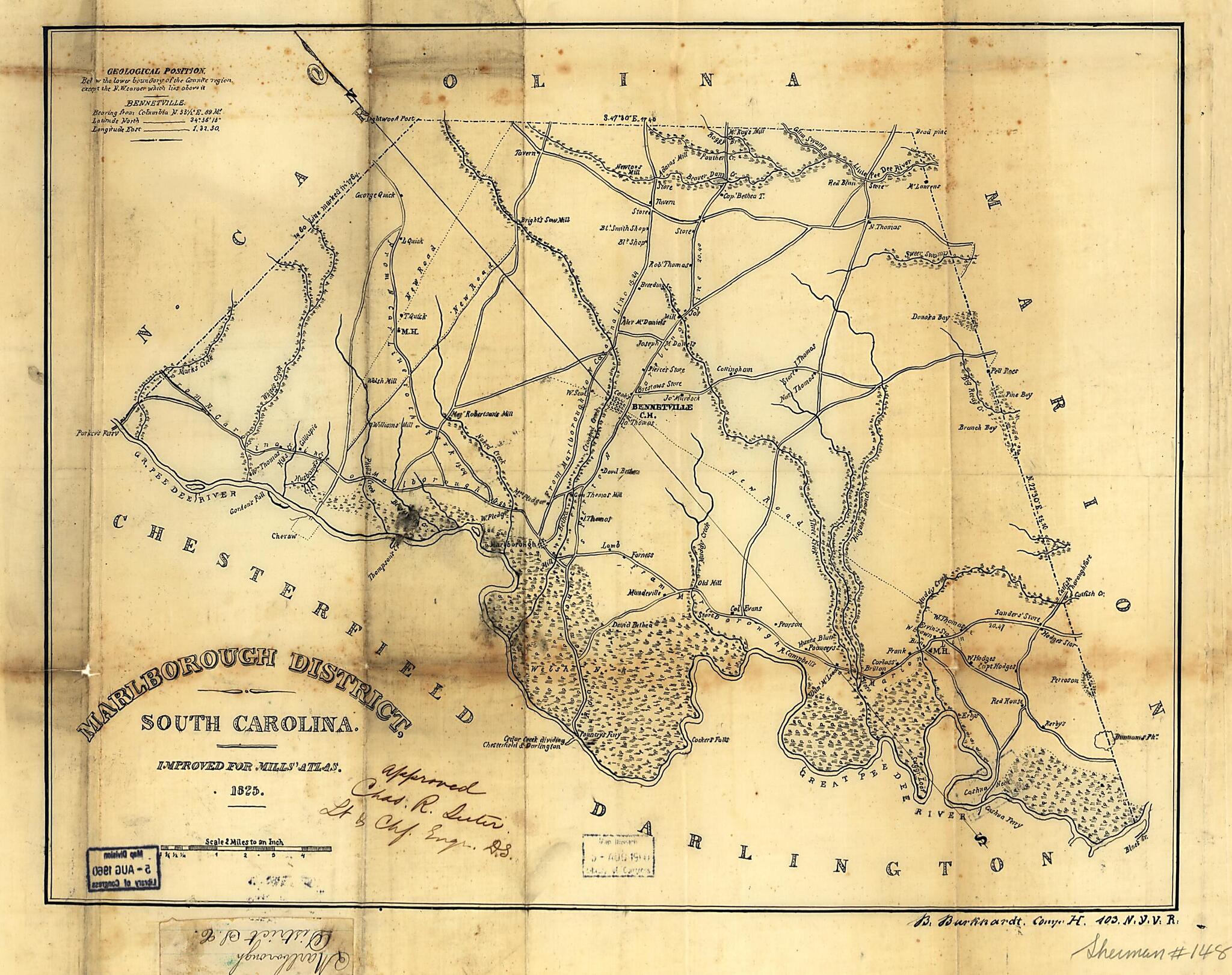 This old map of Marlborough District, South Carolina from 1825 was created by Robert Mills in 1825