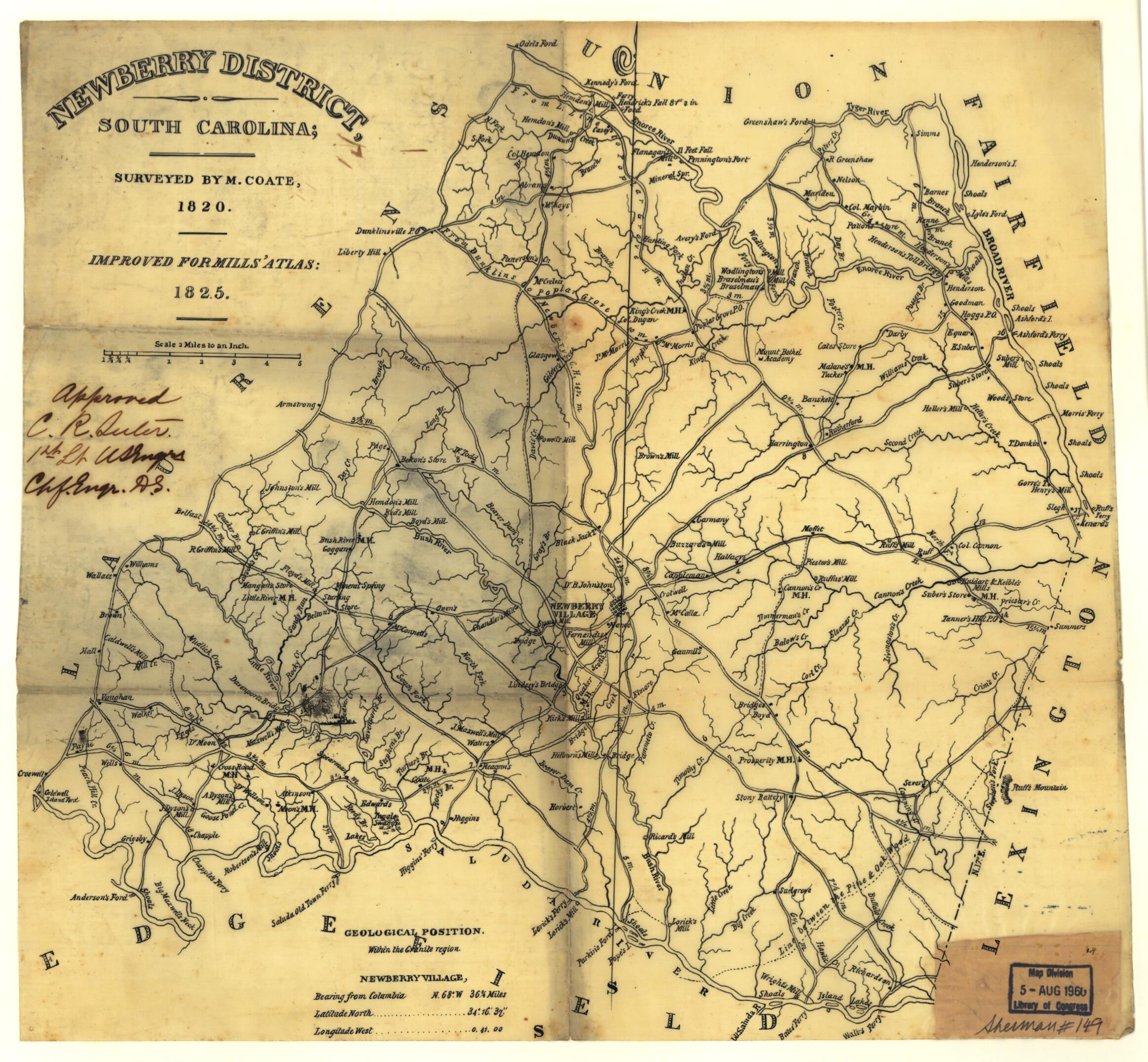 This old map of Newberry District, South Carolina from 1820 was created by Marmaduke Coate, Robert Mills in 1820