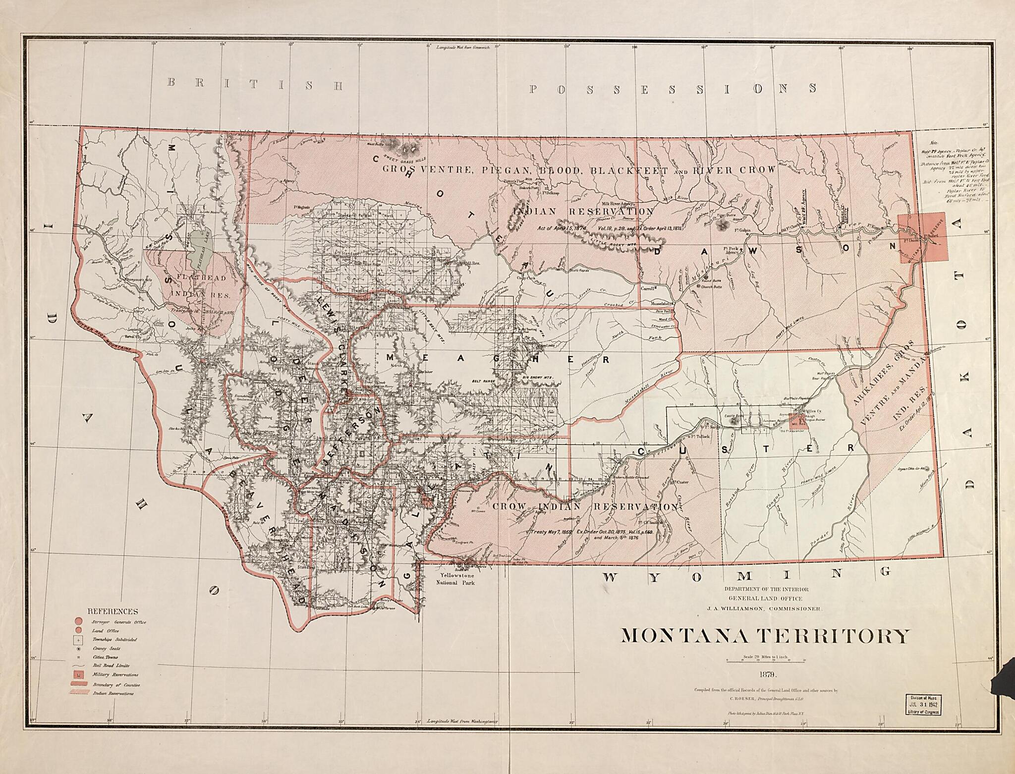 This old map of Montana Territory from 1879 was created by C. (Charles) Roeser in 1879