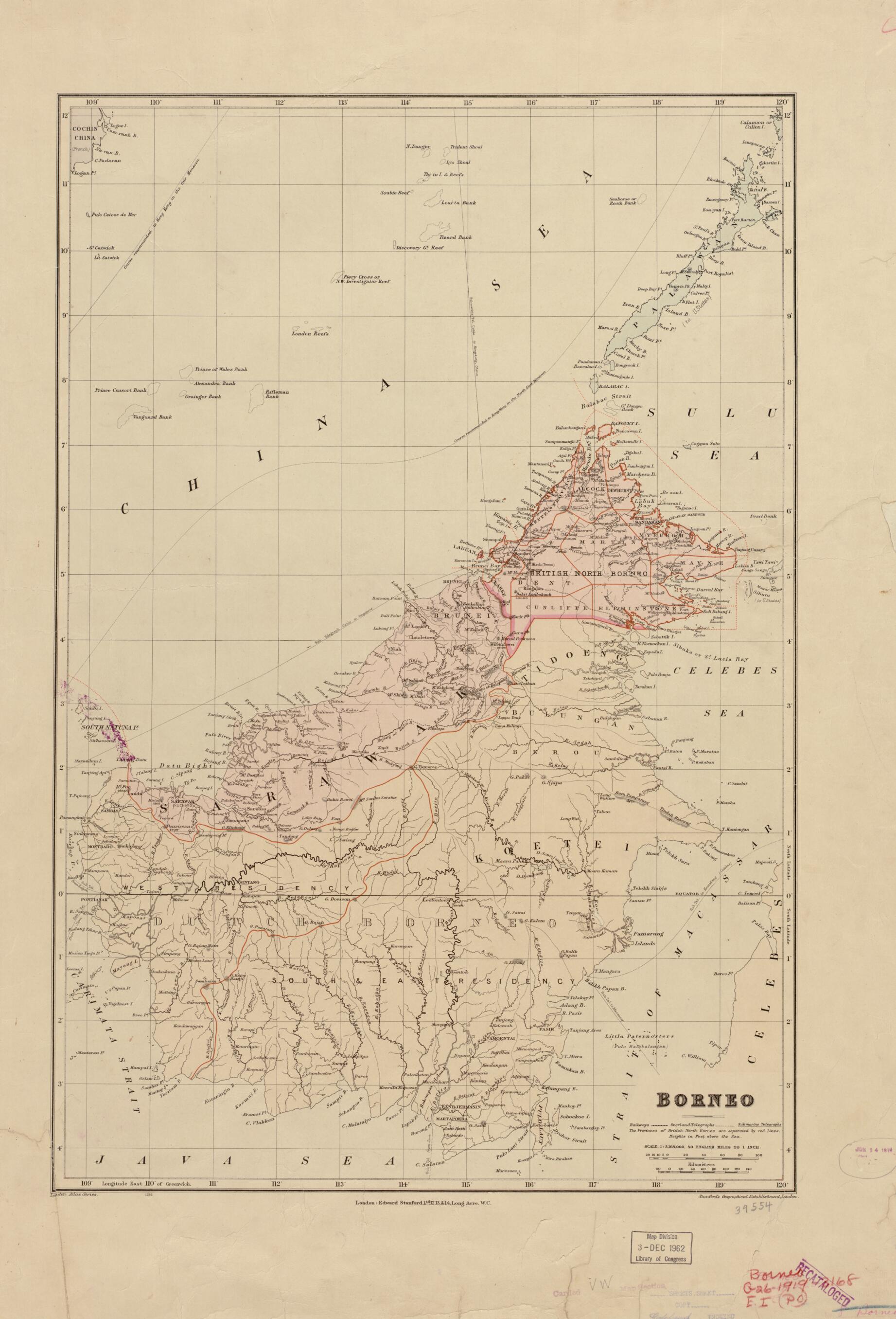 This old map of Borneo from 1919 was created by Edward Stanford Ltd in 1919