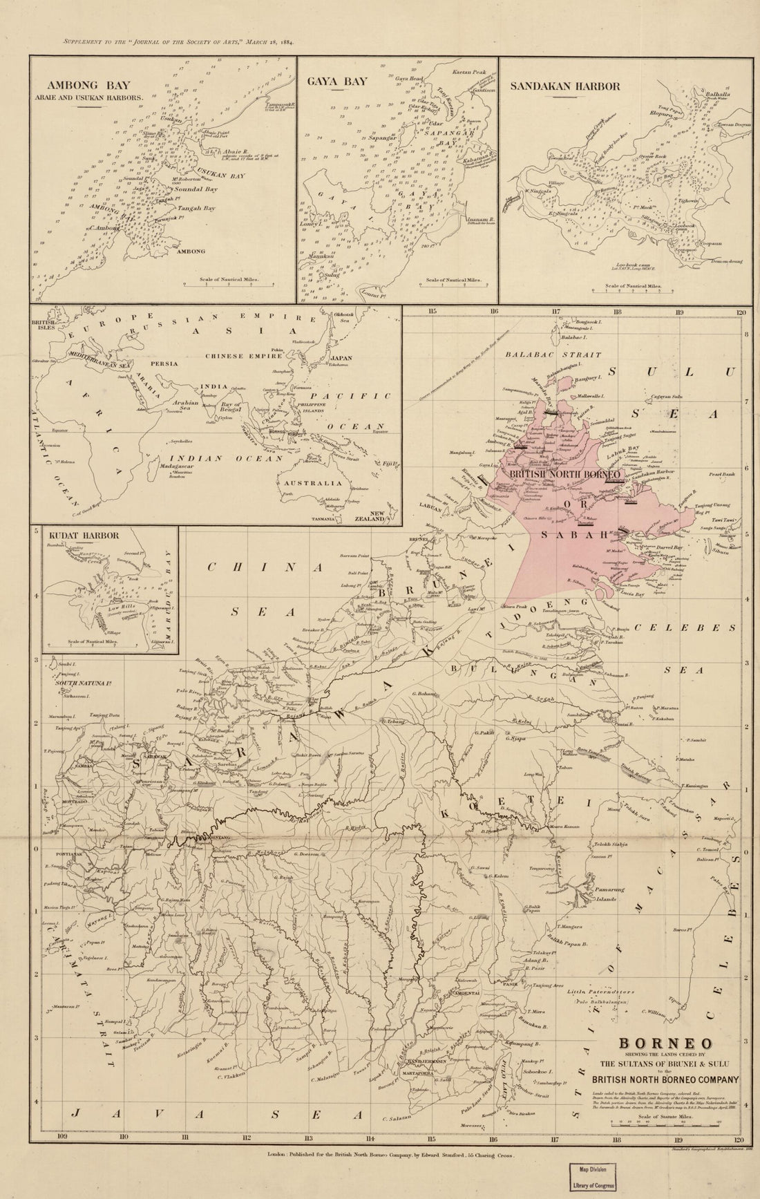 This old map of Borneo : Shewing the Lands Ceded by the Sultans of Brunei & Sulu to the British North Borneo Company from 1881 was created by British North Borneo Chartered Company, Edward Stanford Ltd in 1881