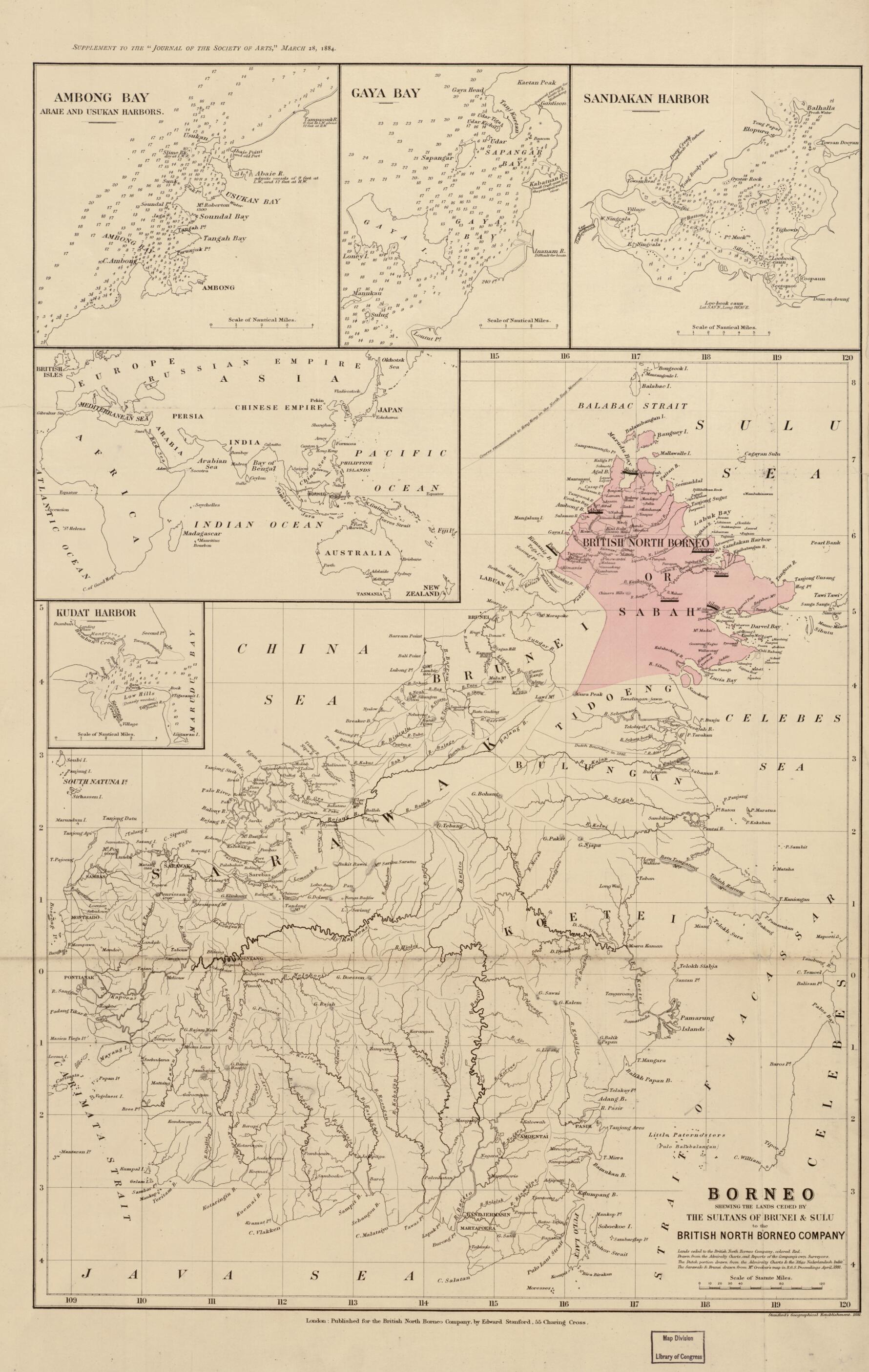 This old map of Borneo : Shewing the Lands Ceded by the Sultans of Brunei & Sulu to the British North Borneo Company from 1881 was created by British North Borneo Chartered Company, Edward Stanford Ltd in 1881