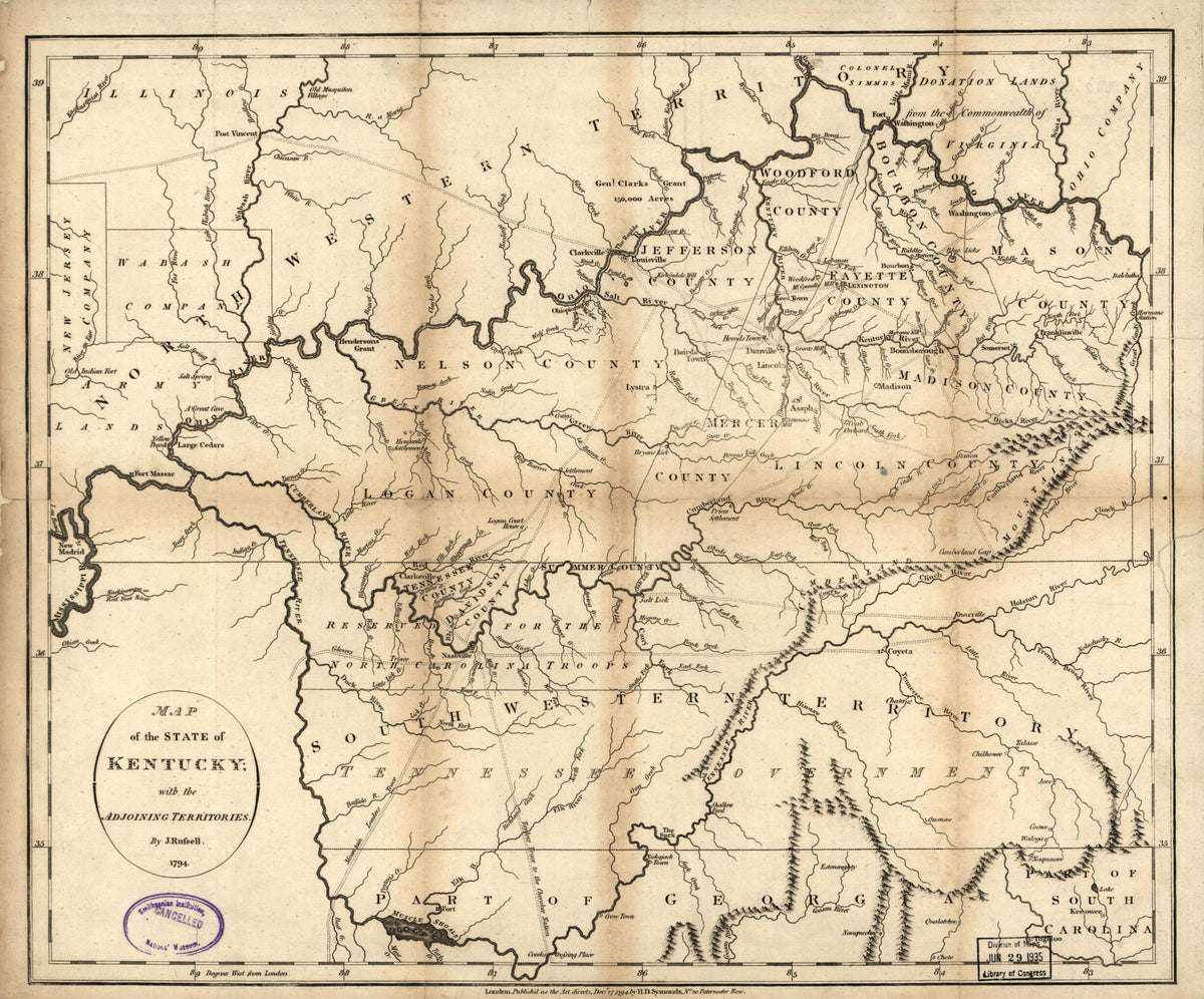 Map of the State of Kentucky : With the Adjoining Territories 1794 by Relic Map Company
