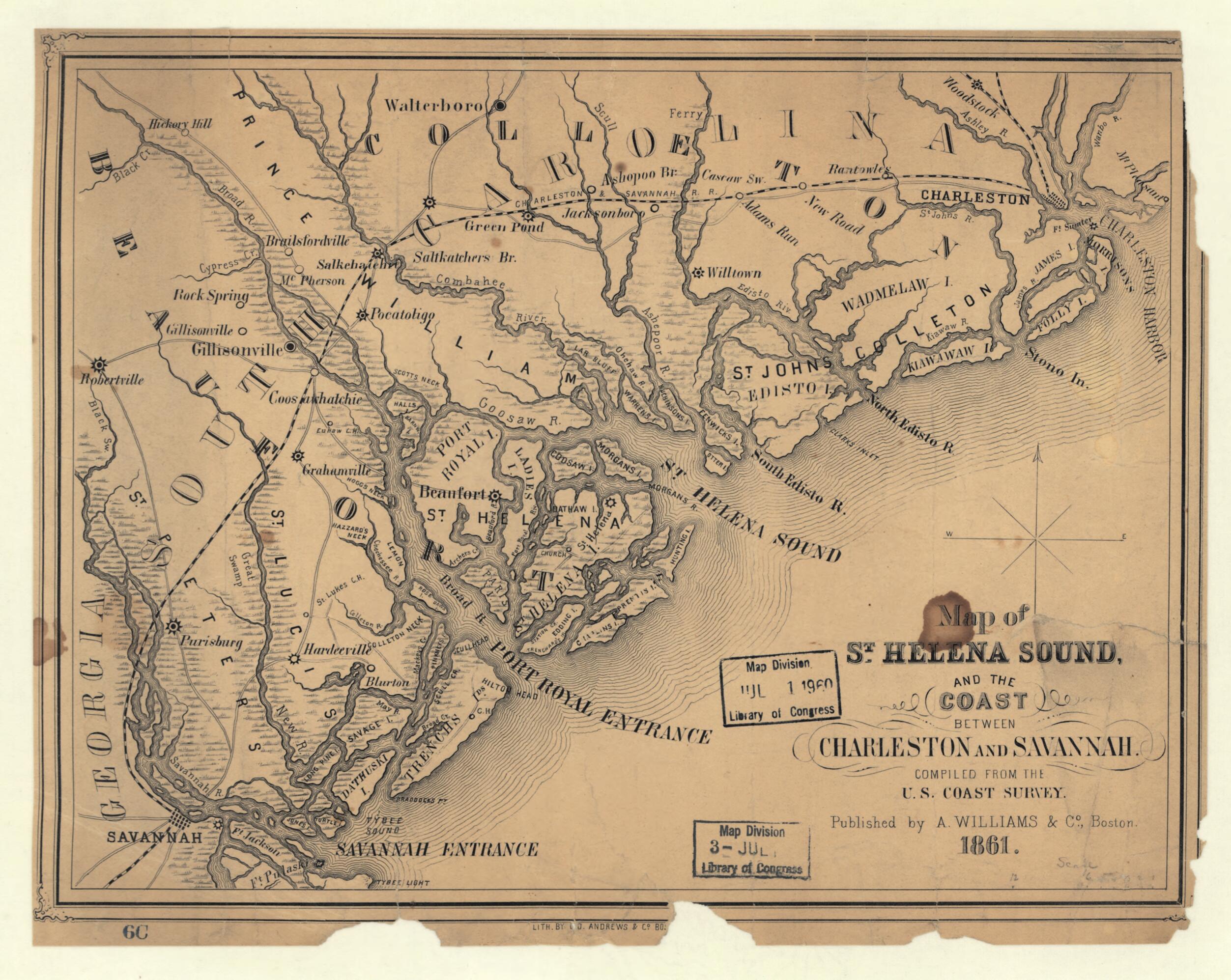 This old map of Map of St. Helena Sound, and the Coast Between Charleston and Savannah from 1861 was created by A. Williams & Co in 1861