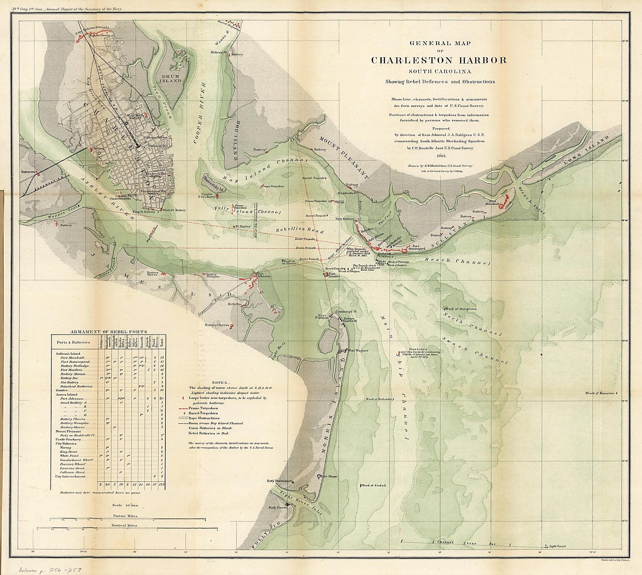 This old map of General Map of Charleston Harbor, South Carolina, Showing Rebel Defences and Obstructions from 1865 was created by C. O. (Charles Otis) Boutelle, Charles G. Krebs, Eugene Willenbücher in 1865