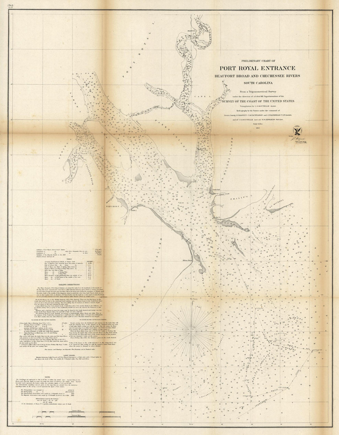 This old map of Preliminary Chart of Port Royal Entrance, Beaufort, Broad and Chechessee Rivers, South Carolina from 1863 was created by United States Coast Survey in 1863