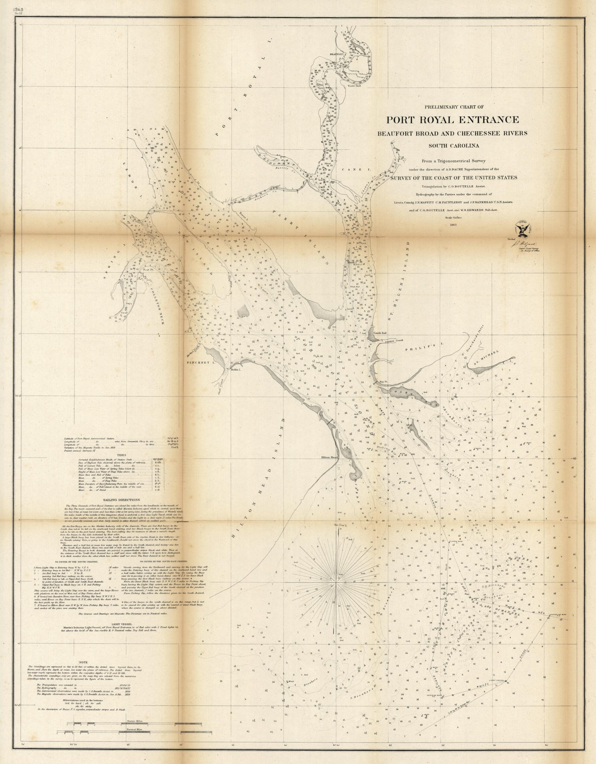 This old map of Preliminary Chart of Port Royal Entrance, Beaufort, Broad and Chechessee Rivers, South Carolina from 1863 was created by United States Coast Survey in 1863