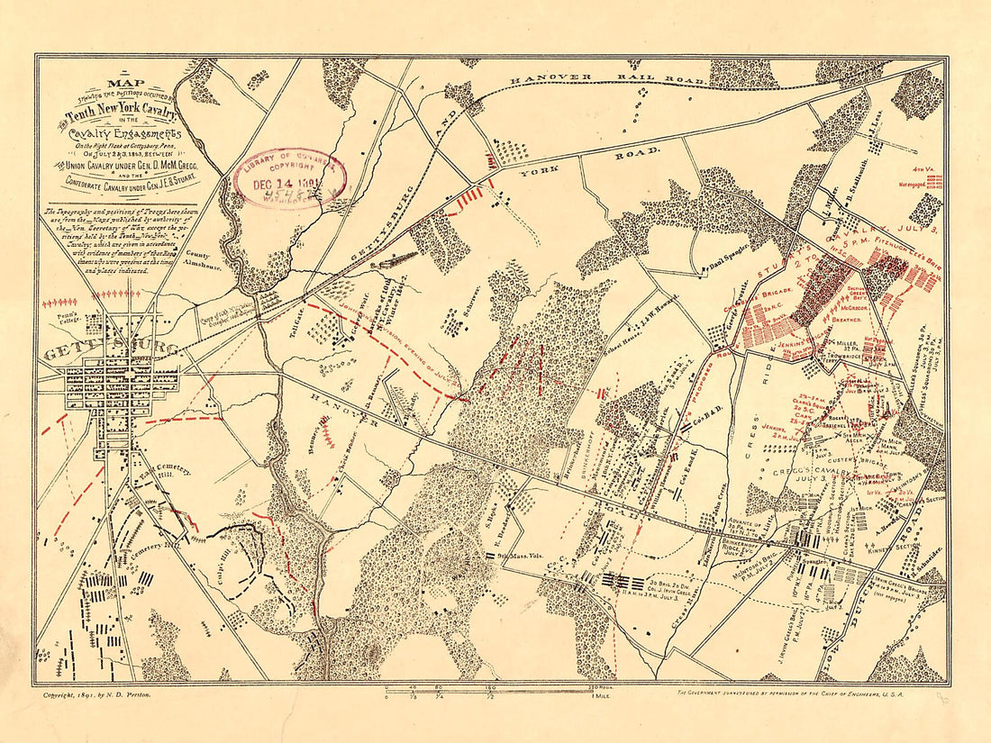 This old map of Map Showing the Positions Occupied by the Tenth New York Cavalry In the Cavalry Engagements On the Right Flank at Gettysburg, Pennsylvania : On July 2 & 3, from 1863, Between the Union Cavalry Under Gen. D. McM. Gregg and the Confederate