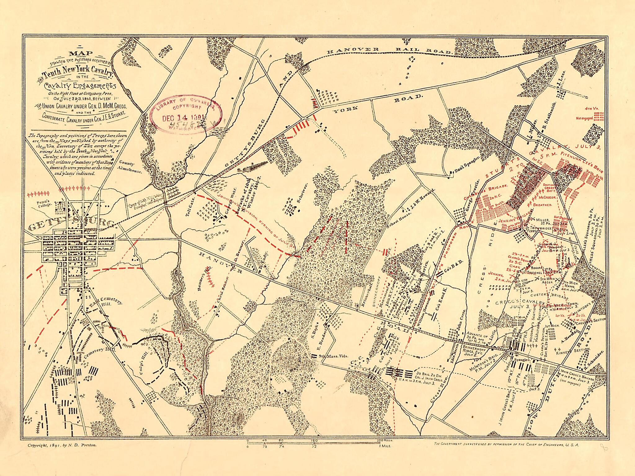 This old map of Map Showing the Positions Occupied by the Tenth New York Cavalry In the Cavalry Engagements On the Right Flank at Gettysburg, Pennsylvania : On July 2 & 3, from 1863, Between the Union Cavalry Under Gen. D. McM. Gregg and the Confederate