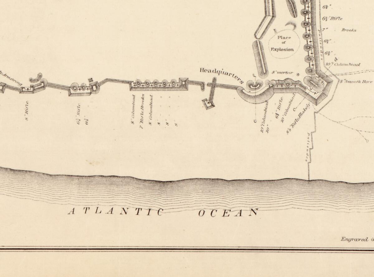 This old map of Plan and Sections of Fort Fisher : Carried by Assault by the U.S. Forces Maj. Gen. A. H. Terry, Commanding, Jan. 15th, from 1865 was created by  Bowen & Co, C. B. (Cyrus Ballou) Comstock, E. Molitor, Alfred Howe Terry in 1865