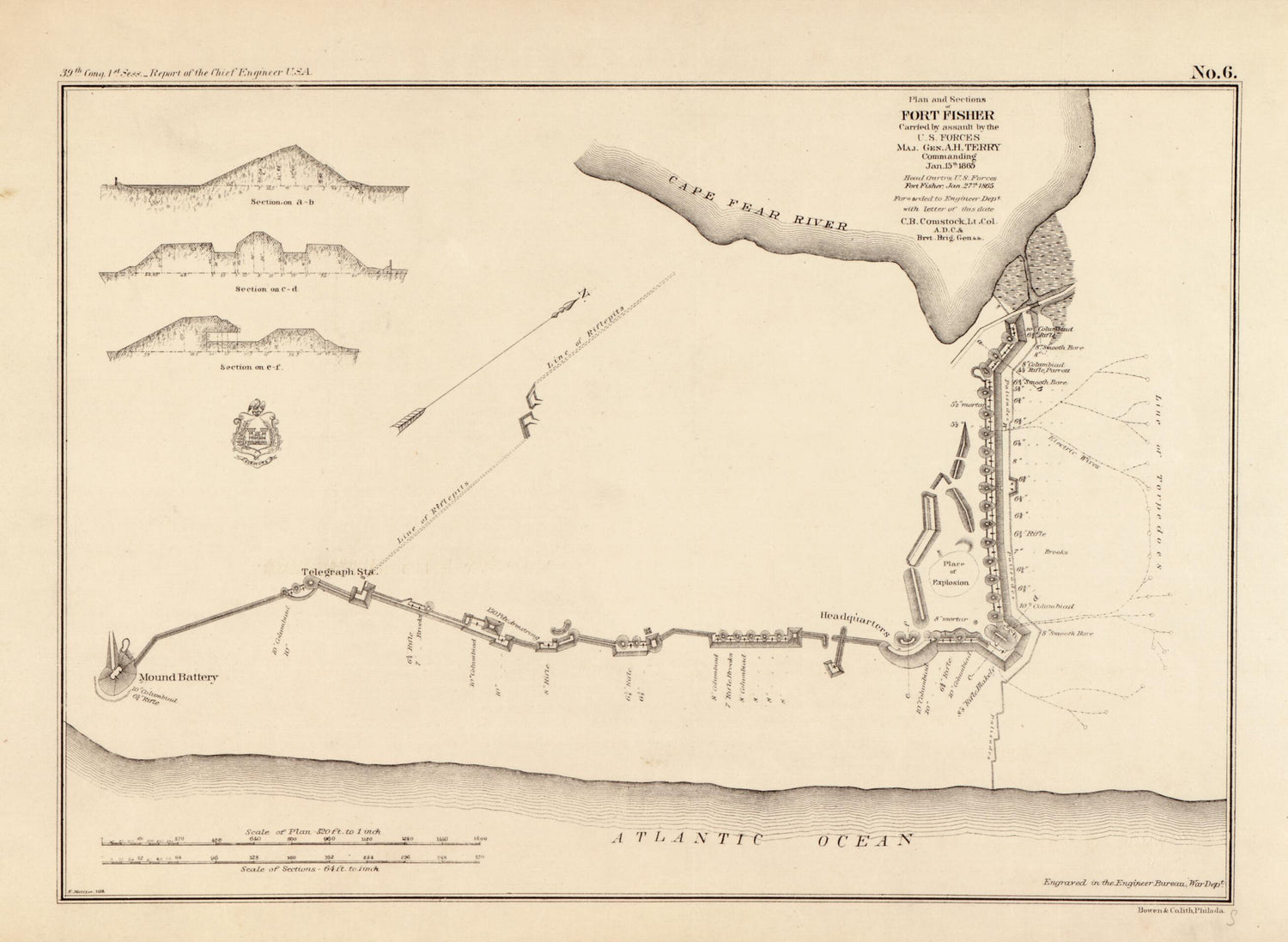 This old map of Plan and Sections of Fort Fisher : Carried by Assault by the U.S. Forces Maj. Gen. A. H. Terry, Commanding, Jan. 15th, from 1865 was created by  Bowen & Co, C. B. (Cyrus Ballou) Comstock, E. Molitor, Alfred Howe Terry in 1865