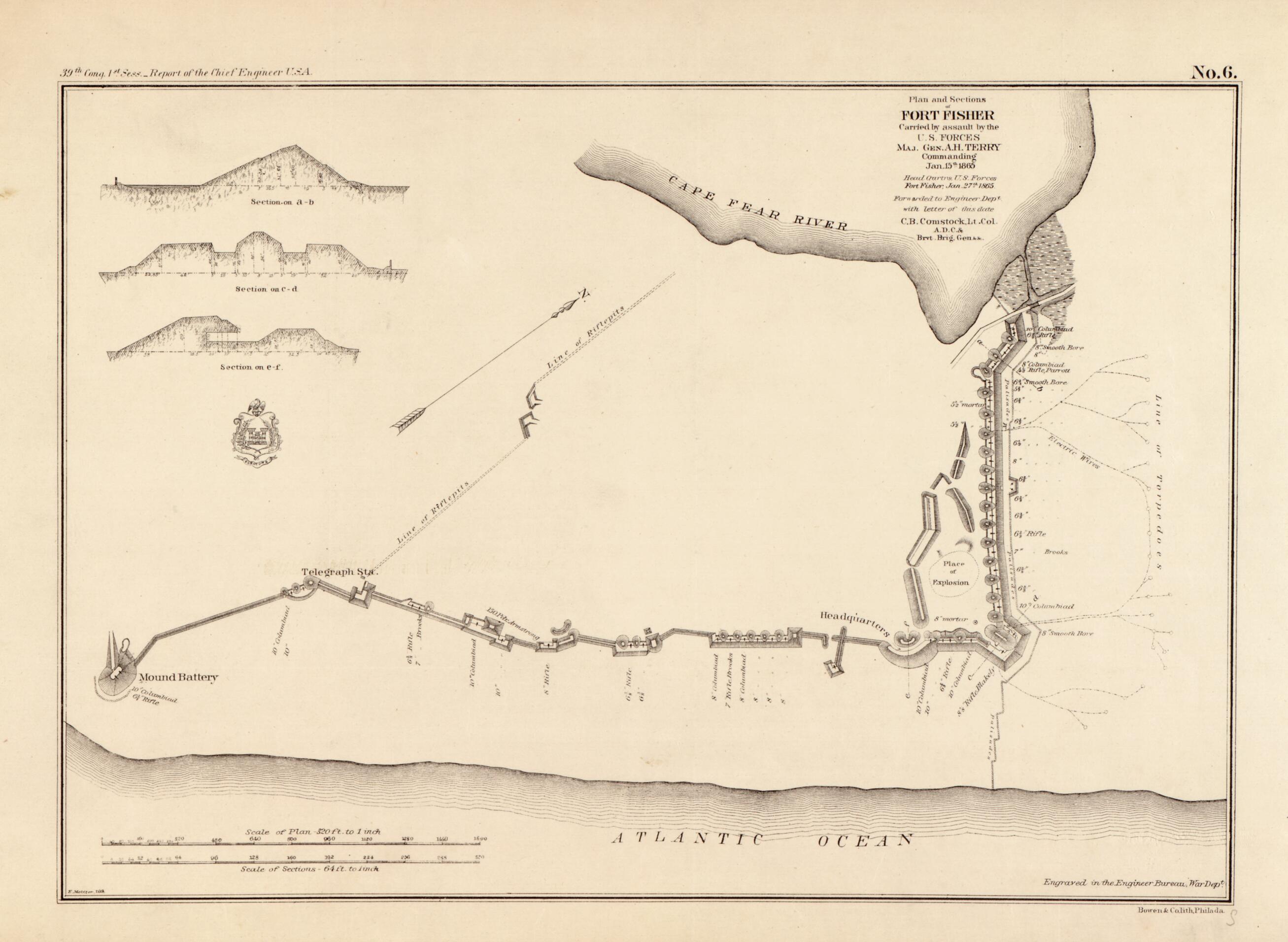 This old map of Plan and Sections of Fort Fisher : Carried by Assault by the U.S. Forces Maj. Gen. A. H. Terry, Commanding, Jan. 15th, from 1865 was created by Bowen & Co, C. B. (Cyrus Ballou) Comstock, E. Molitor, Alfred Howe Terry in 1865