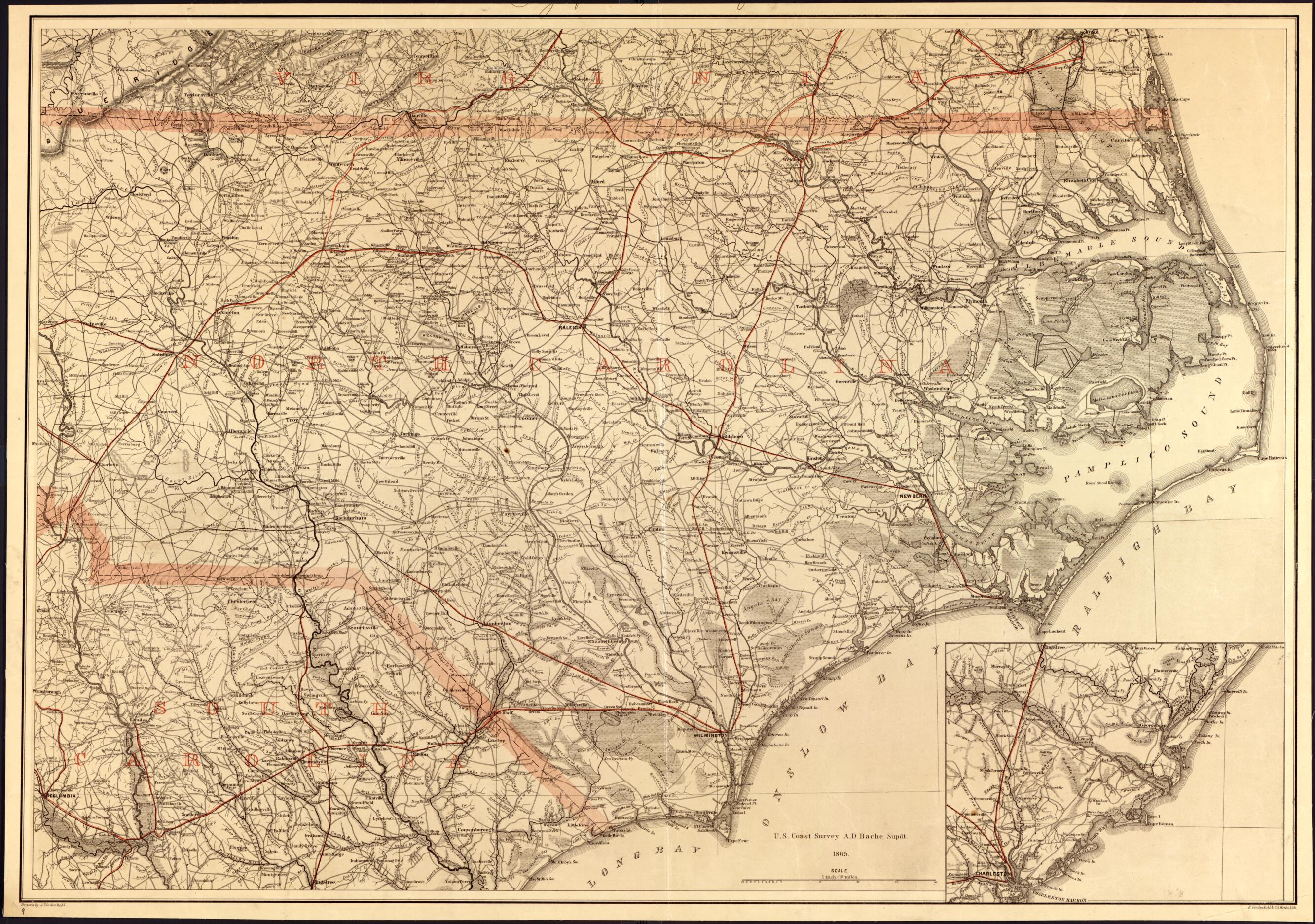 This old map of North Carolina, With Adjacent Parts of Virginia and South Carolina from 1865 was created by A. Lindenkohl, United States Coast Survey in 1865