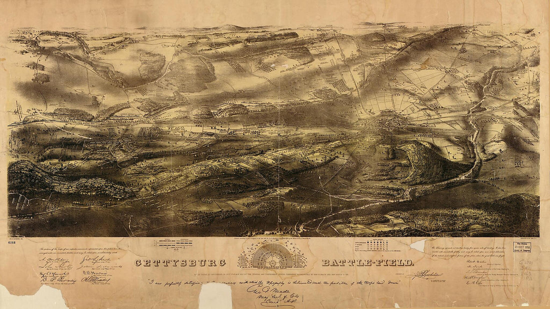 This old map of Field. Battle Fought at Gettysburg, Pennsylvania, July 1st, 2d & 3d, from 1863 by the Federal and Confederate Armies, Commanded Respectively by Genl. G. G. Meade and Genl. Robert E. Lee was created by John B. (John Badger) Bachelder in 18