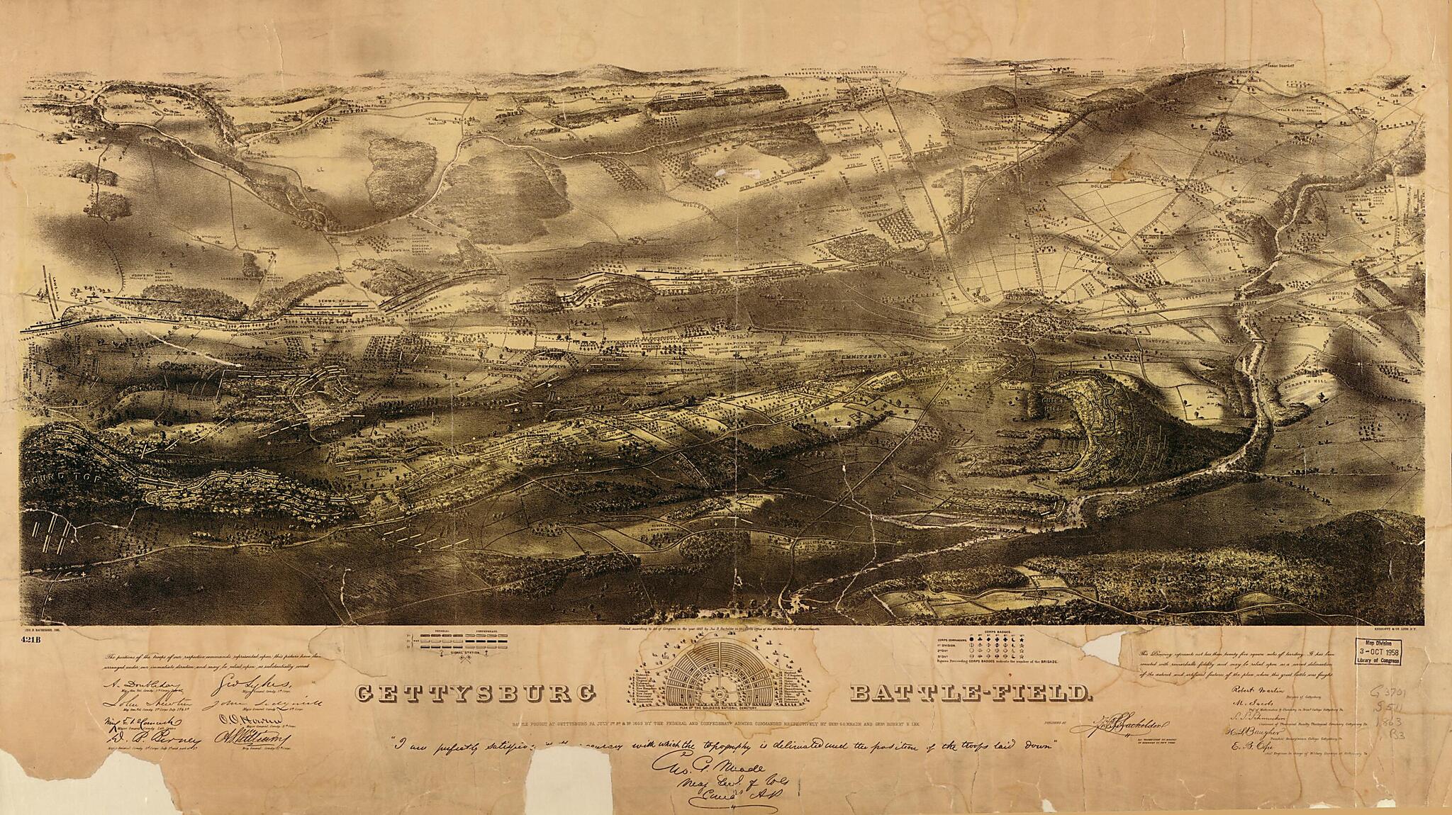 This old map of Field. Battle Fought at Gettysburg, Pennsylvania, July 1st, 2d & 3d, from 1863 by the Federal and Confederate Armies, Commanded Respectively by Genl. G. G. Meade and Genl. Robert E. Lee was created by John B. (John Badger) Bachelder in 18