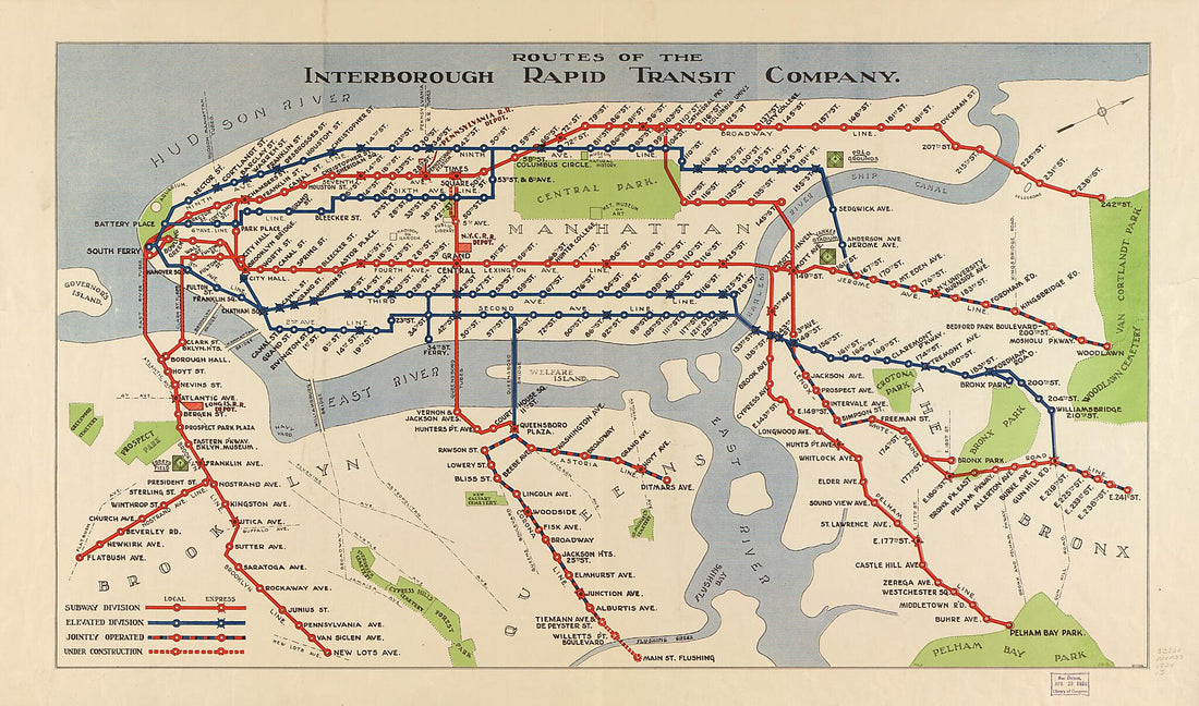 This old map of Routes of the Interborough Rapid Transit Company from 1924 was created by Interborough Rapid Transit Company in 1924