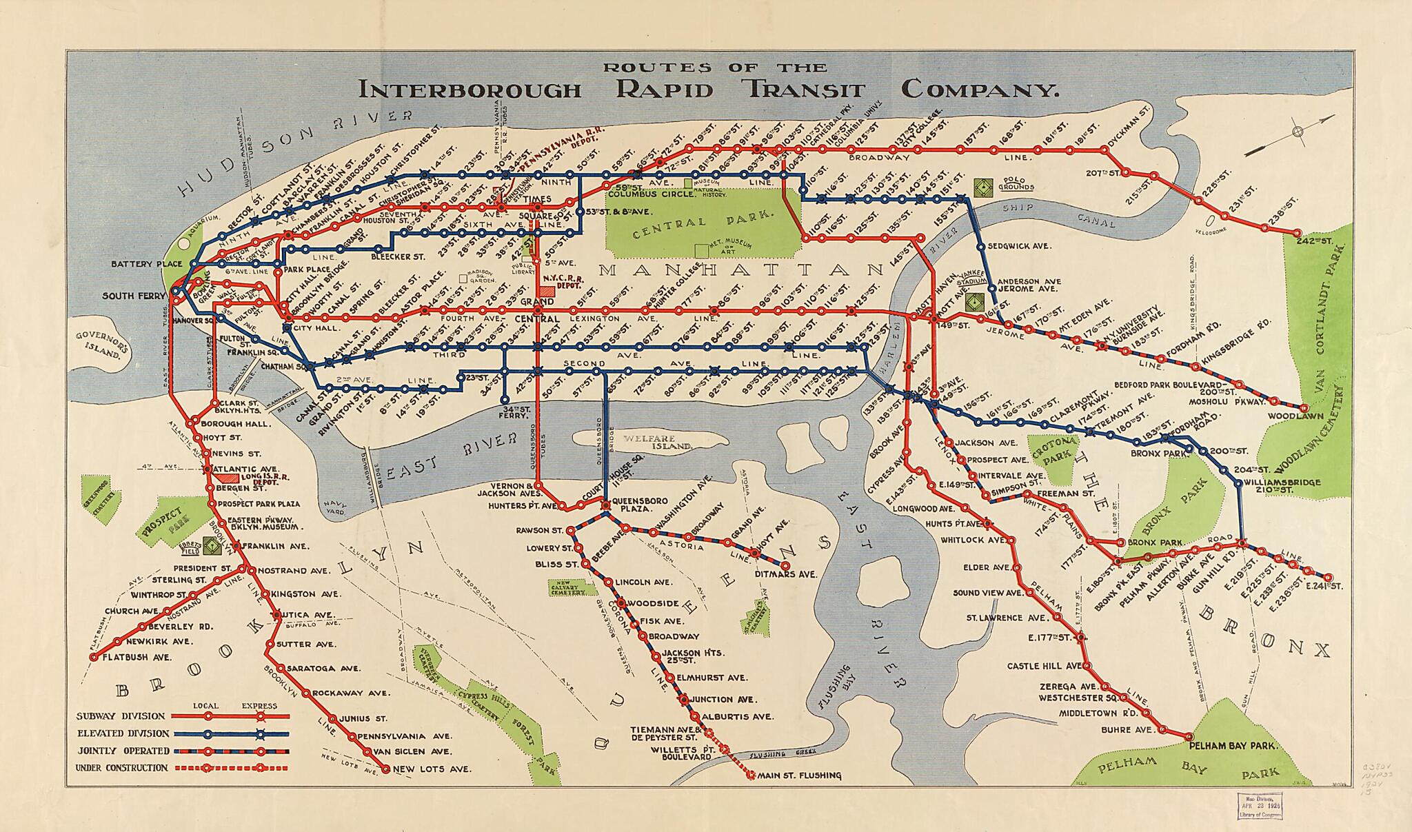 This old map of Routes of the Interborough Rapid Transit Company from 1924 was created by Interborough Rapid Transit Company in 1924