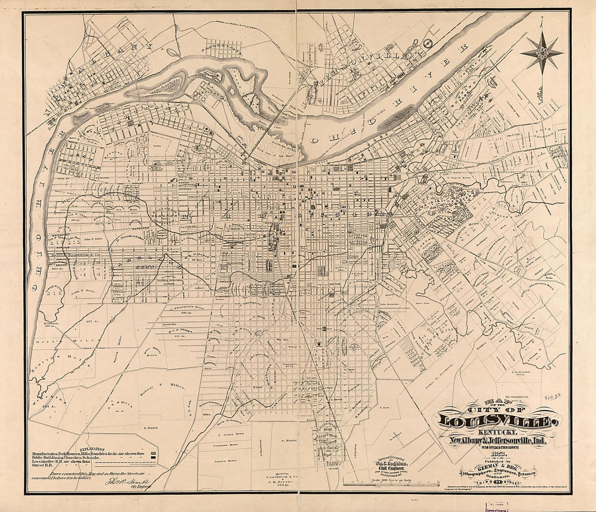 Map of the City of Louisville, Kentucky, New Albany & Jeffersonville, Indiana : From Official and Other Surveys in 1873 by Relic Map Company