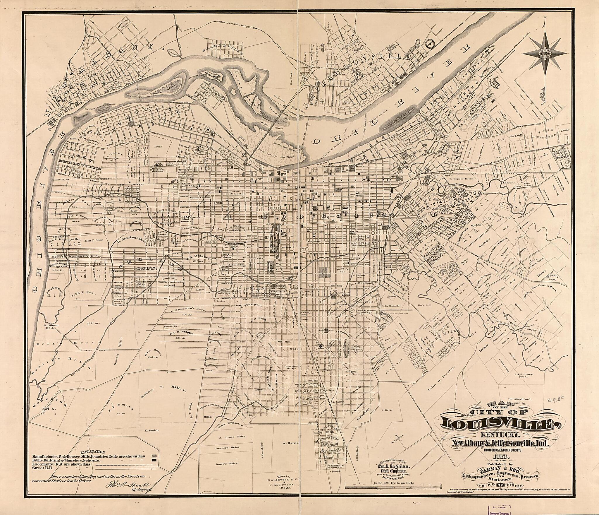 This old map of Map of the City of Louisville, Kentucky, New Albany & Jeffersonville, Indiana : from Official and Other Surveys from 1873 was created by Wm. C. (William C.) Coghlan, German & Bro in 1873