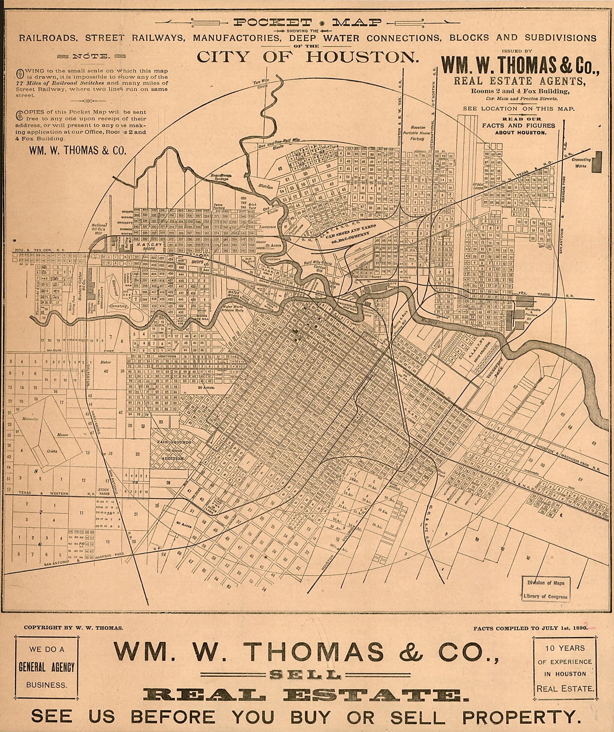 This old map of Pocket Map Showing the Railroads, Street Railways, Manufactories, Deep Water Connections, Blocks and Subdivisions of the City of Houston from 1890 was created by Wm. M. Thomas & Co in 1890