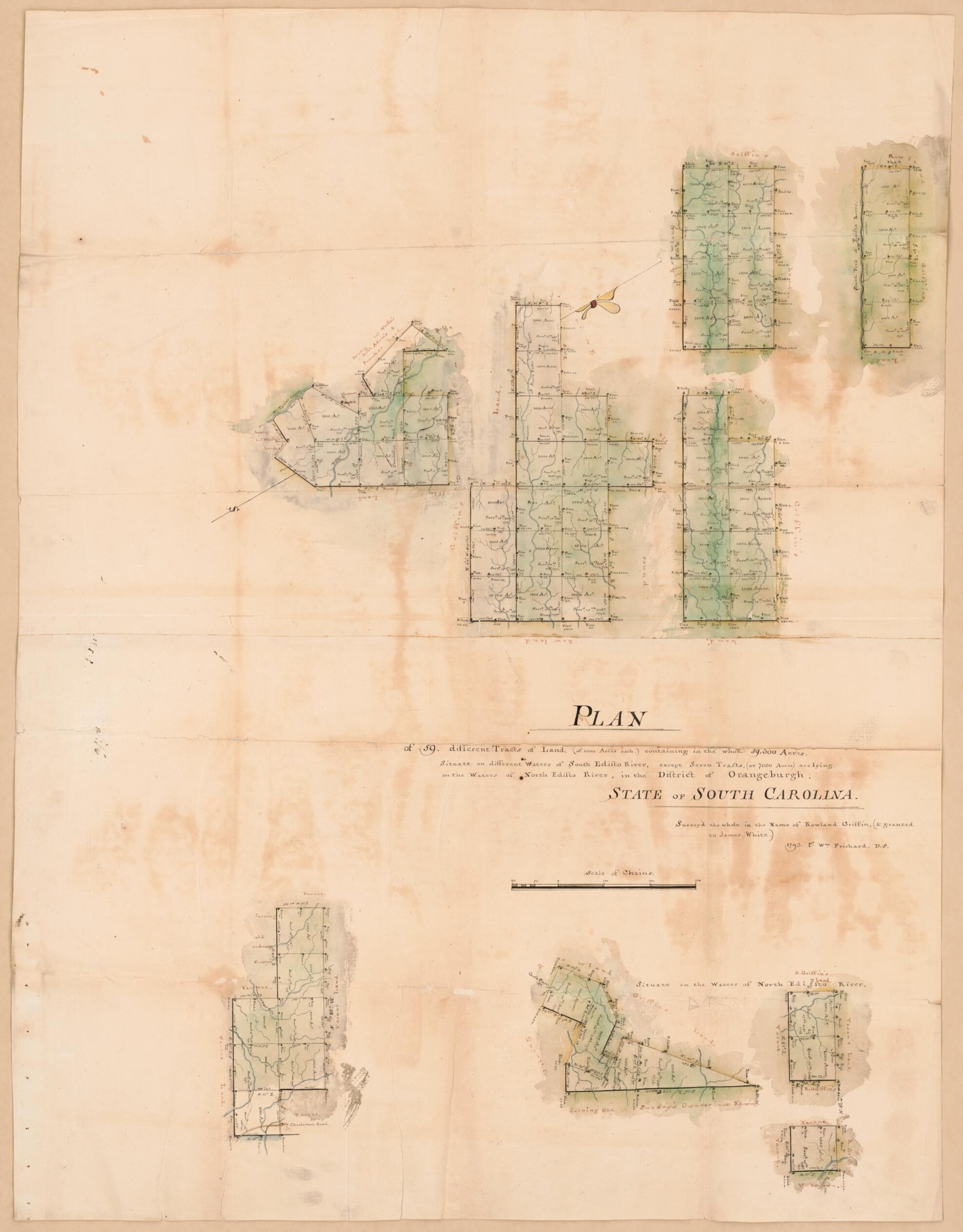 This old map of Plan of 59 Different Tracts of Land (of 1000 Acres Each) Containing In the Whole 59,000 Acres : Situate On Different Waters of South Edisto River, Except Seven Tracts (or 7000 Acres) Are Lying On the Waters of North Edisto River In the Di