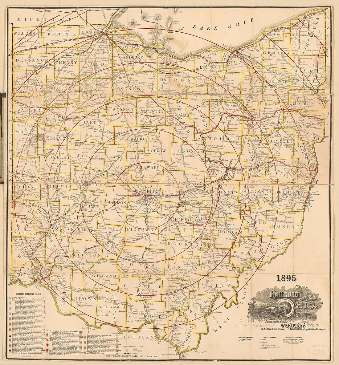 This old map of Railroad Map of Ohio (Ohio Railway Map) from 1895 was created by William Kirkby, Ohio. Commissioner of Railroads and Telegraphs in 1895