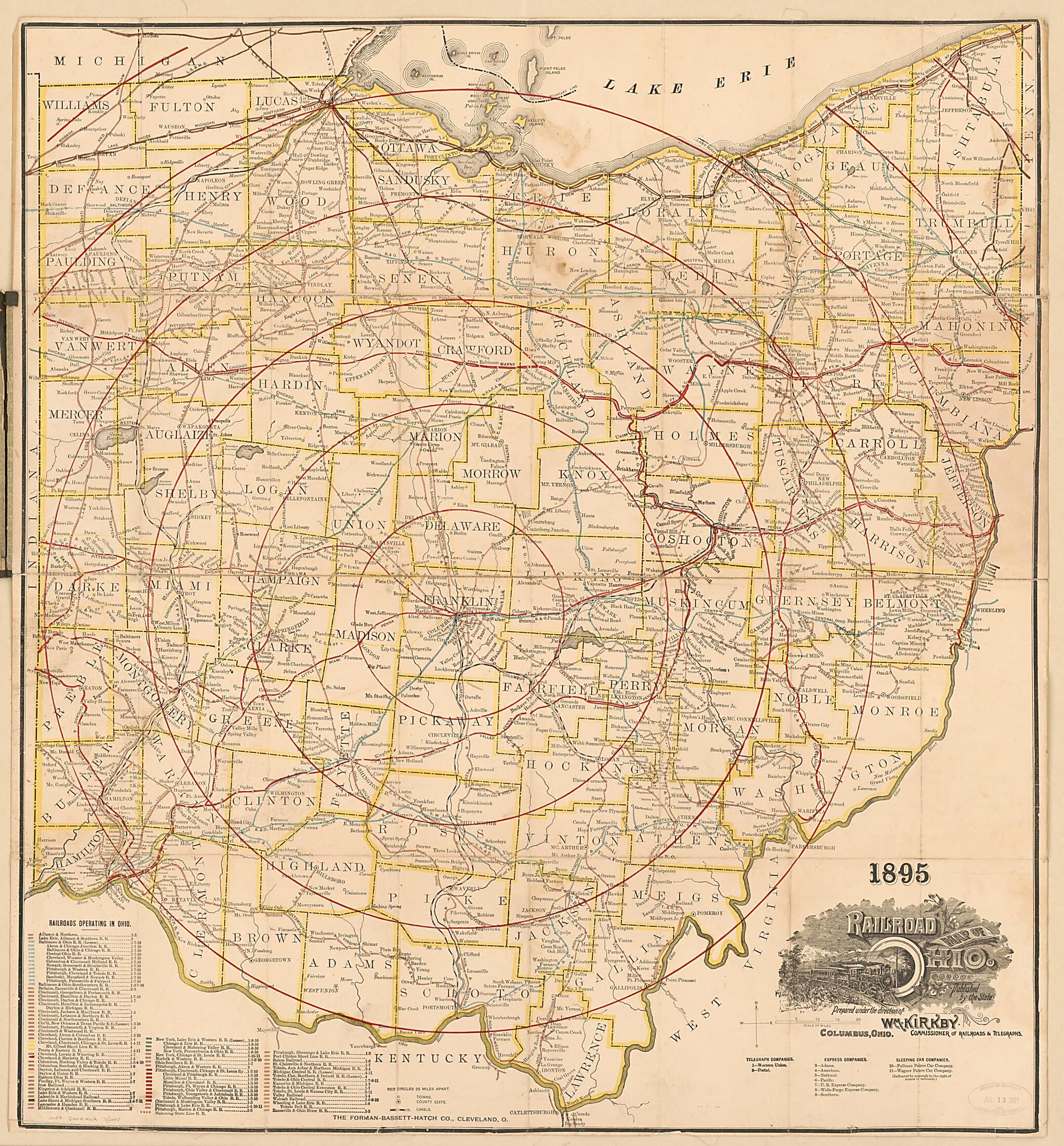 This old map of Railroad Map of Ohio (Ohio Railway Map) from 1895 was created by William Kirkby, Ohio. Commissioner of Railroads and Telegraphs in 1895