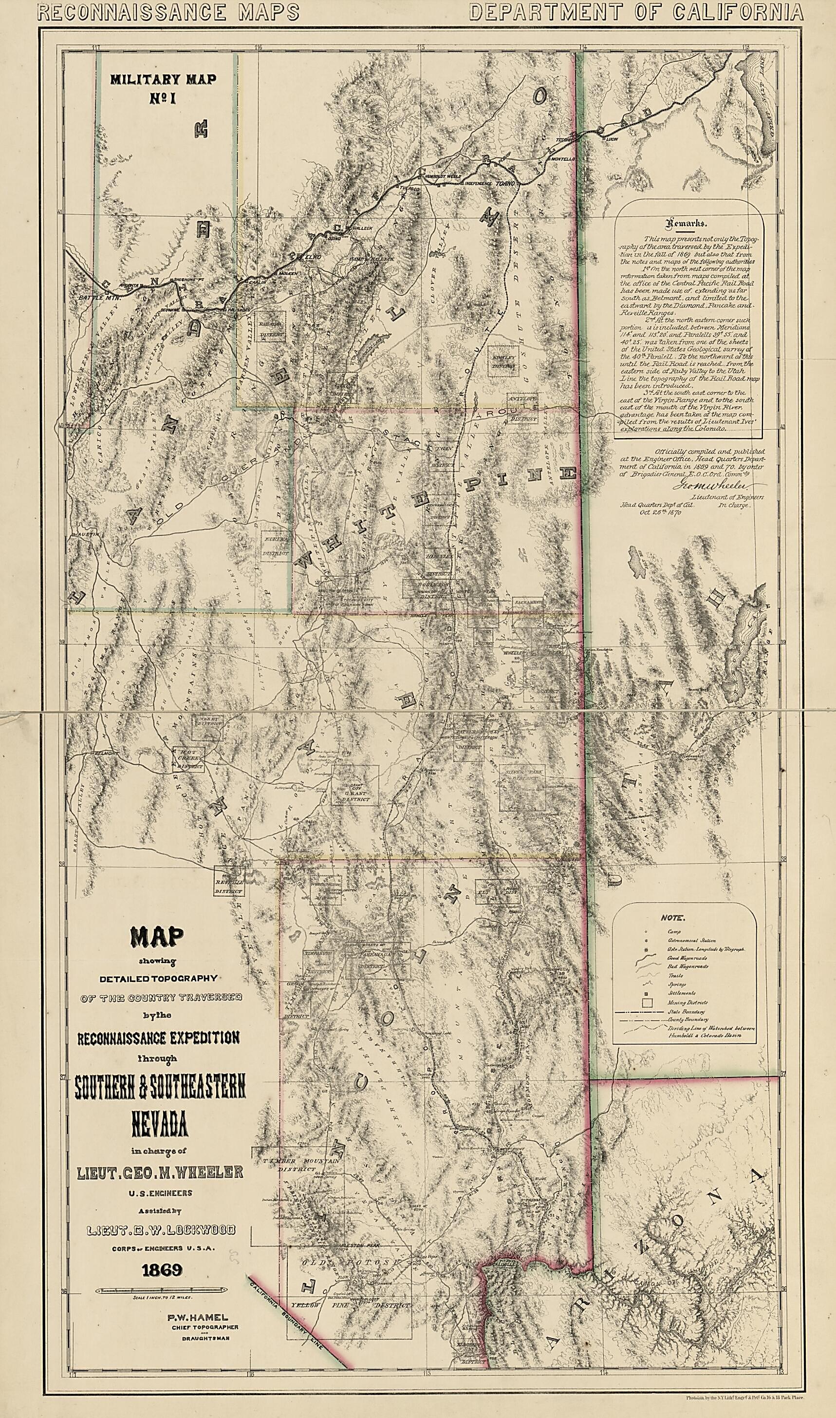 This old map of Map Showing Detailed Topography of the Country Traversed by the Reconnaissance Expedition Through Southern and Southeastern Nevada (Reconnaissance Maps : Department of California, Military Map No. 1) from 1870 was created by P. W. Hamel,